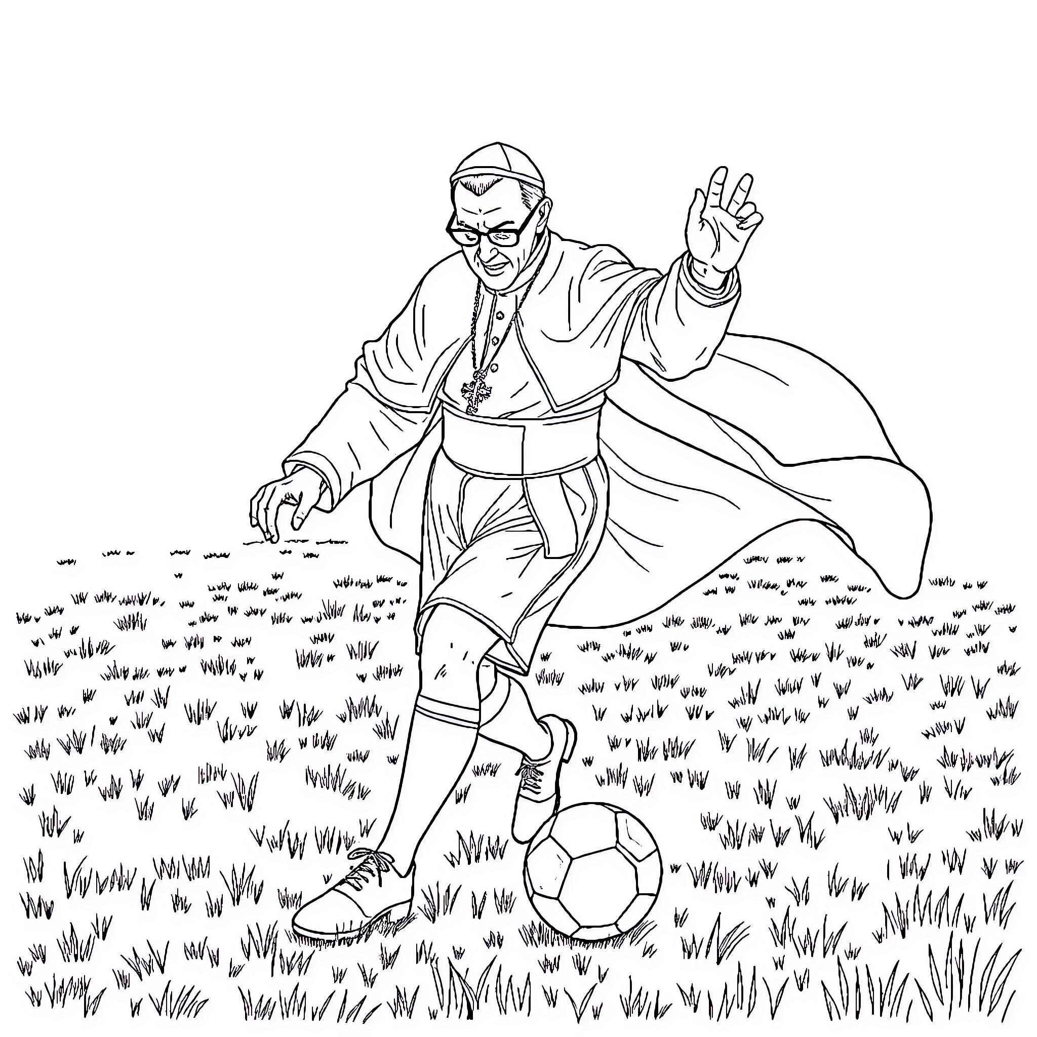 Papa Emeritus IV kicking a soccer ball in a field Coloring Page (free black-and-white line drawing printable PDF for all, from beginners to advanced learners, including children, teens, adults, and seniors)