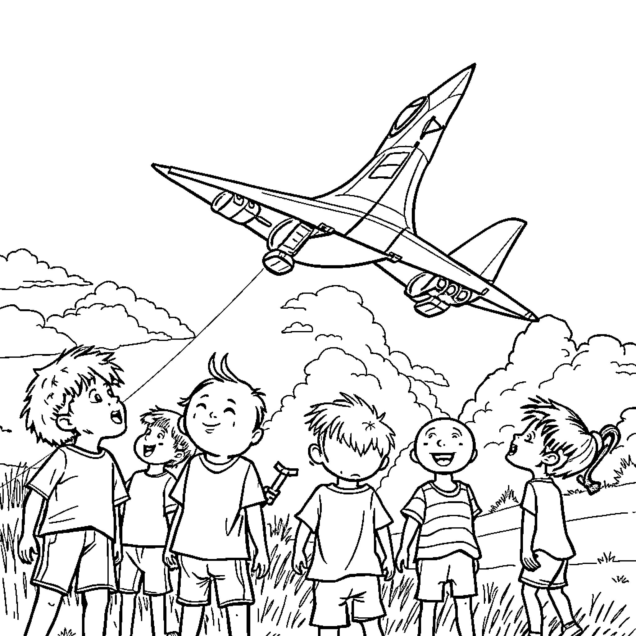 Fighter Jet soaring over excited children Coloring Page (free black-and-white line drawing printable PDF for all, from beginners to advanced learners, including children, teens, adults, and seniors)