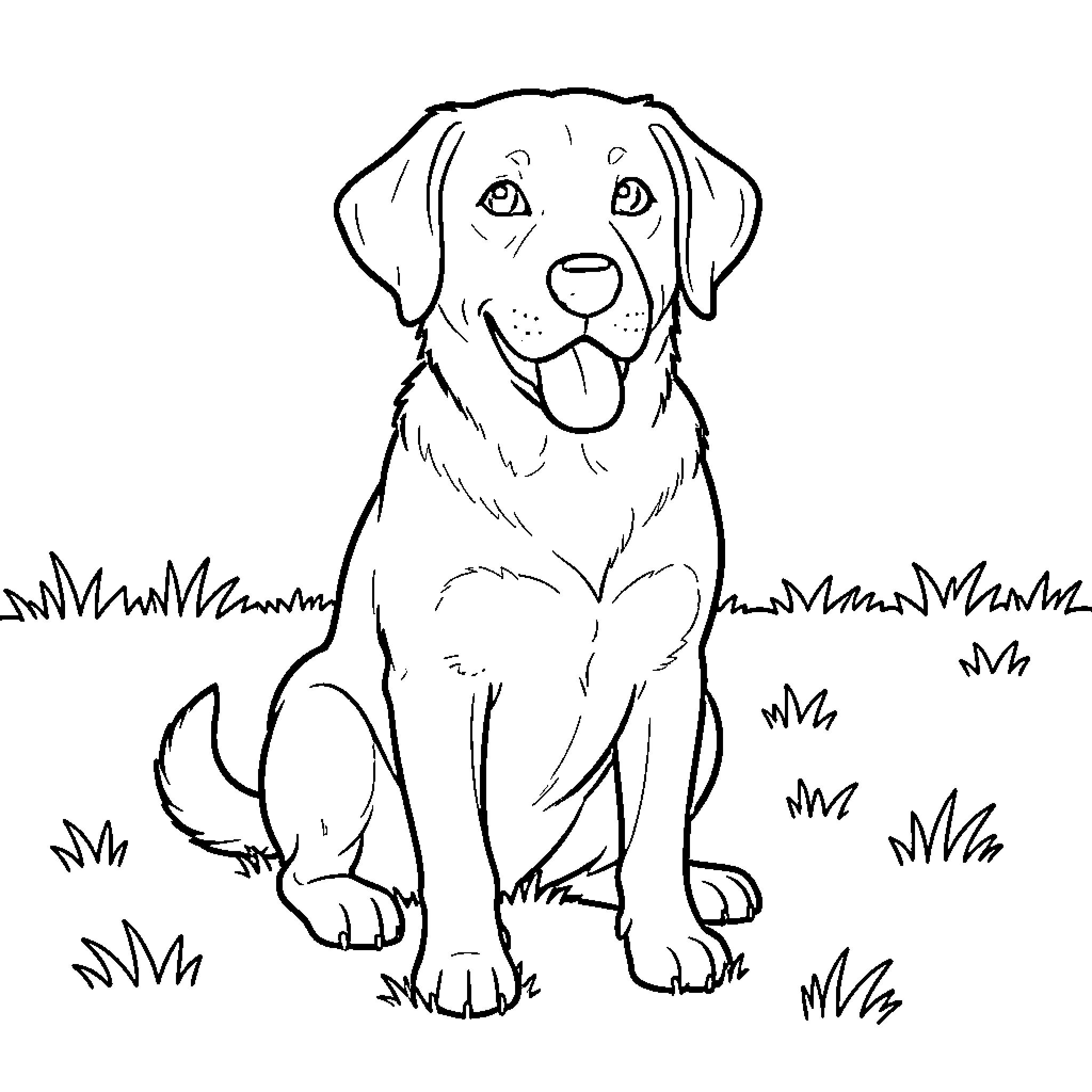 Labrador sitting happily on the grass Coloring Page (free black-and-white line drawing printable PDF for all, from beginners to advanced learners, including children, teens, adults, and seniors)