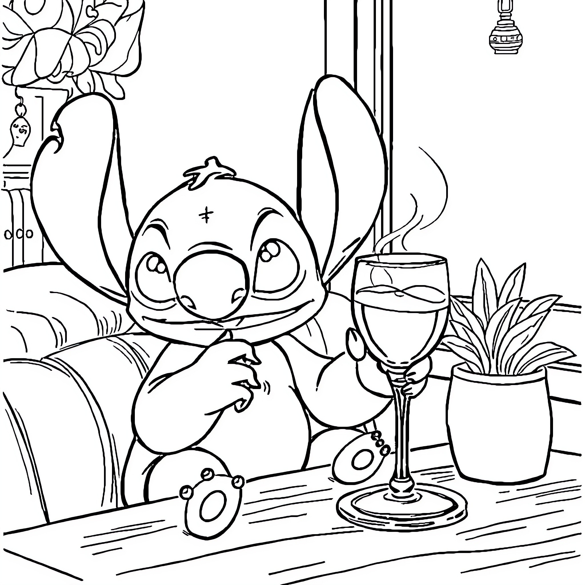 Stitch enjoying a drink in a cozy setting Coloring Page (free black-and-white line drawing printable PDF for all, from beginners to advanced learners, including children, teens, adults, and seniors)