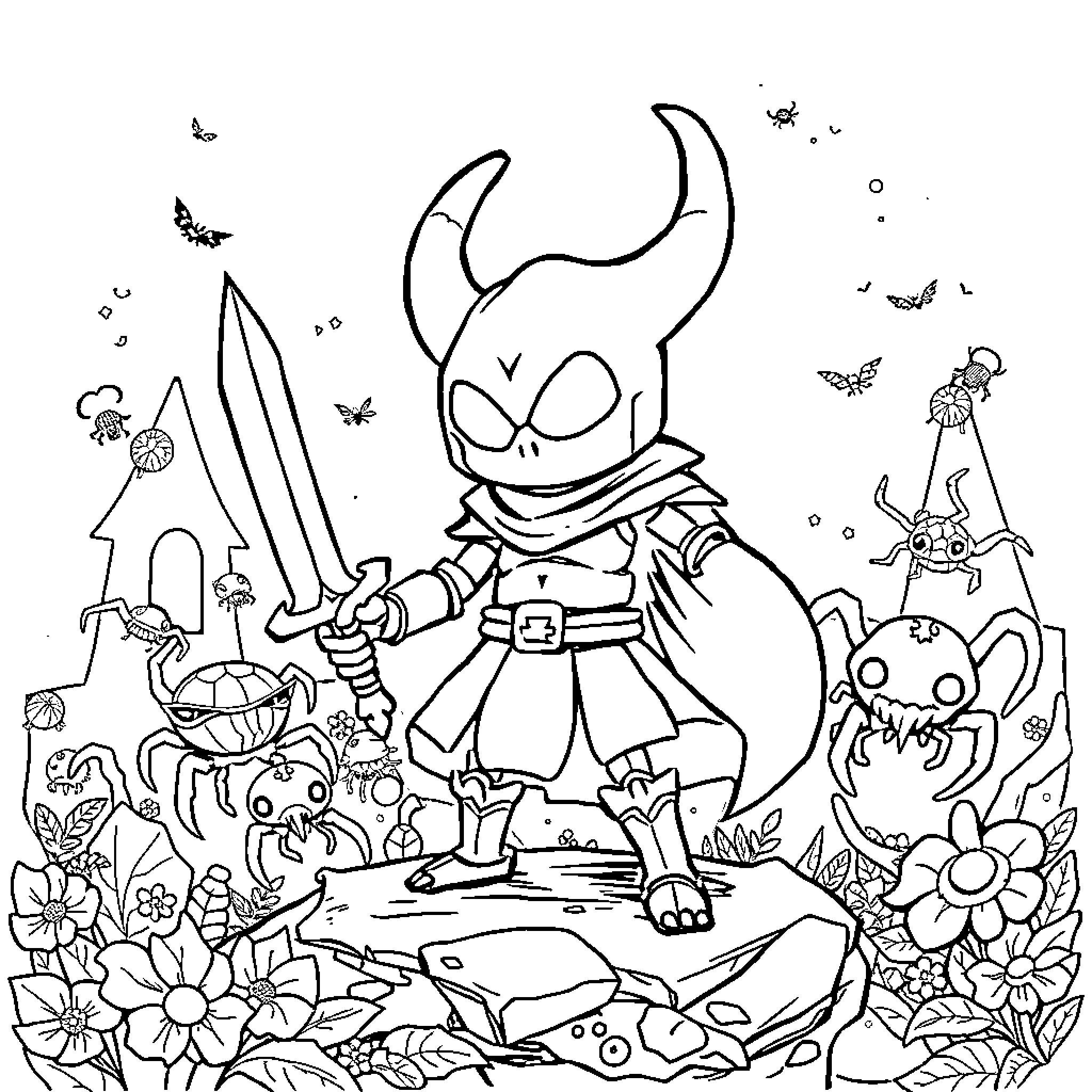 Hollow Knight exploring a whimsical, fantastical world Coloring Page (free black-and-white line drawing printable PDF for all, from beginners to advanced learners, including children, teens, adults, and seniors)