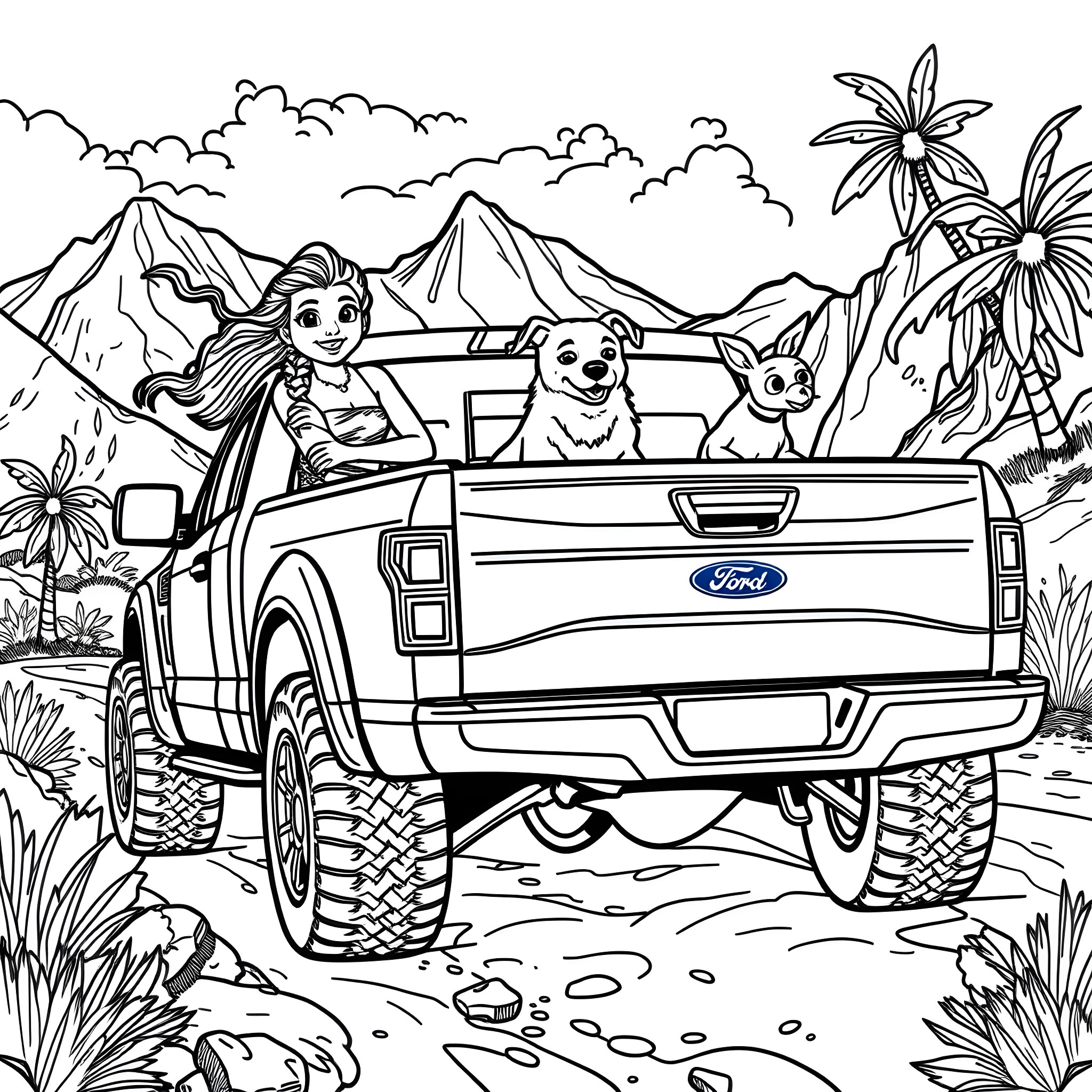 Moana adventuring with her animal friends in the wilderness Coloring Page (free black-and-white line drawing printable PDF for all, from beginners to advanced learners, including children, teens, adults, and seniors)
