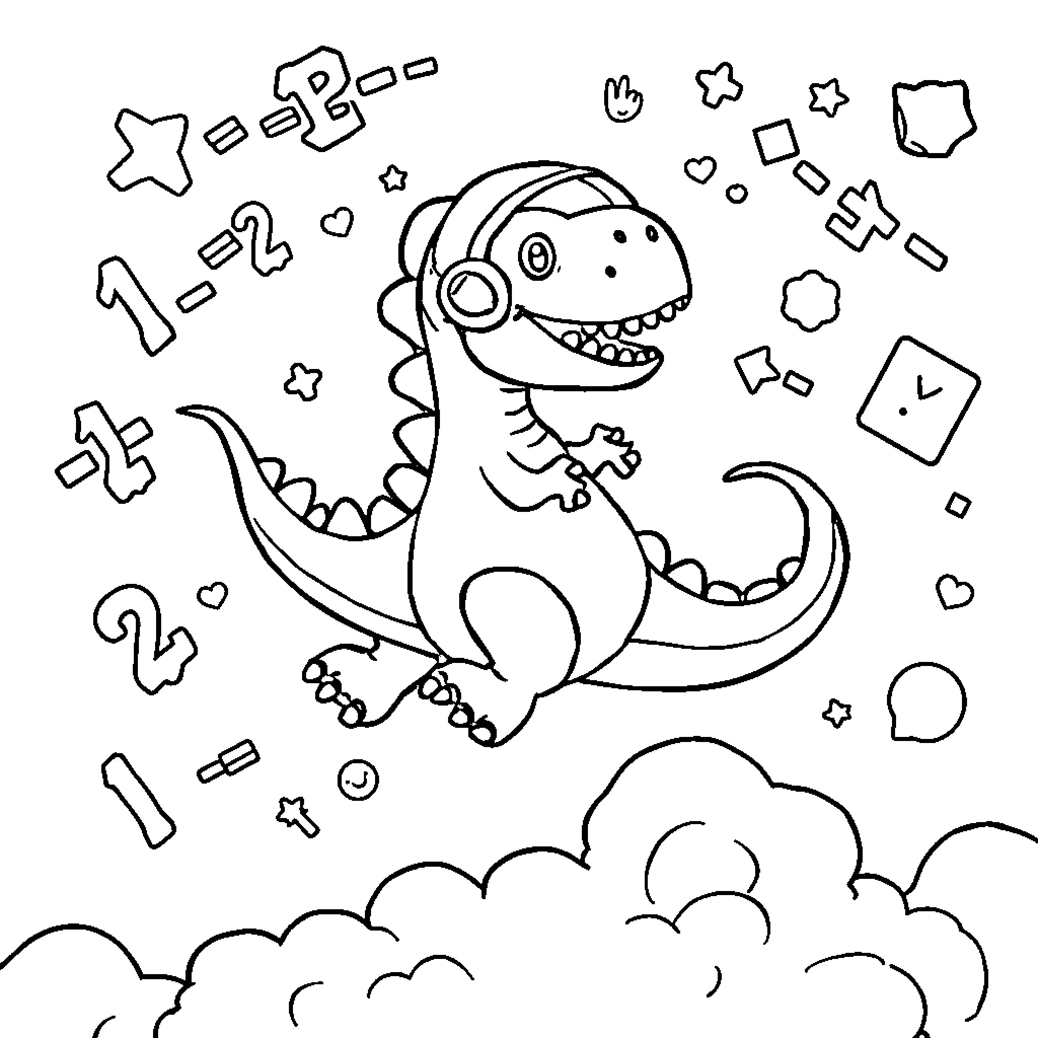 Dinosaur dancing among stars and numbers Coloring Page (free black-and-white line drawing printable PDF for all, from beginners to advanced learners, including children, teens, adults, and seniors)