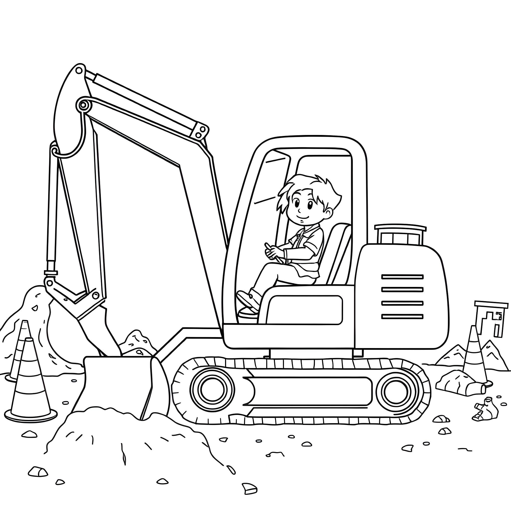 Excavator operator at work on construction site Coloring Page (free black-and-white line drawing printable PDF for all, from beginners to advanced learners, including children, teens, adults, and seniors)