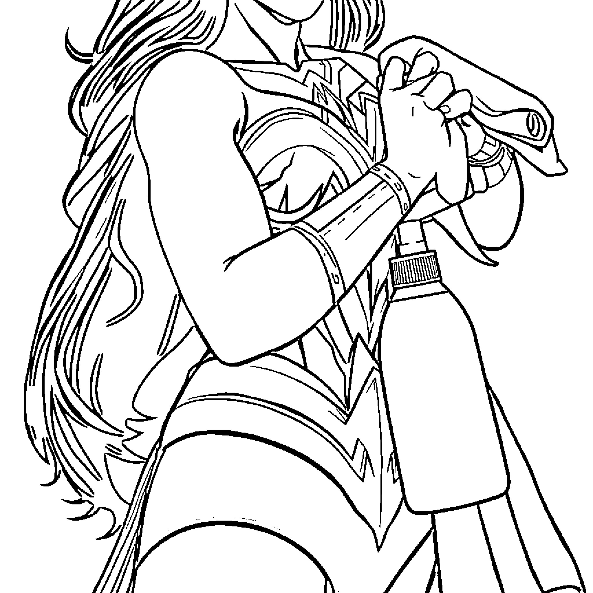 Wonder Woman in a heroic pose with her lasso Coloring Page (free black-and-white line drawing printable PDF for all, from beginners to advanced learners, including children, teens, adults, and seniors)