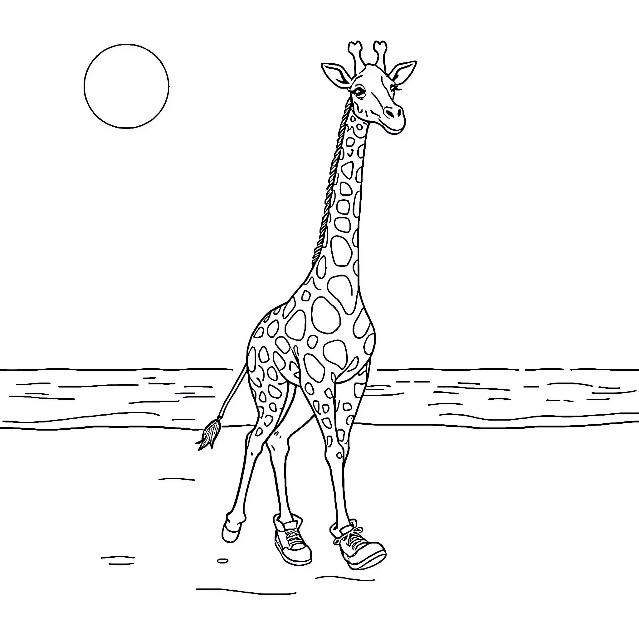 Giraffe taking a stroll in the landscape Coloring Page (free black-and-white line drawing printable PDF for all, from beginners to advanced learners, including children, teens, adults, and seniors)