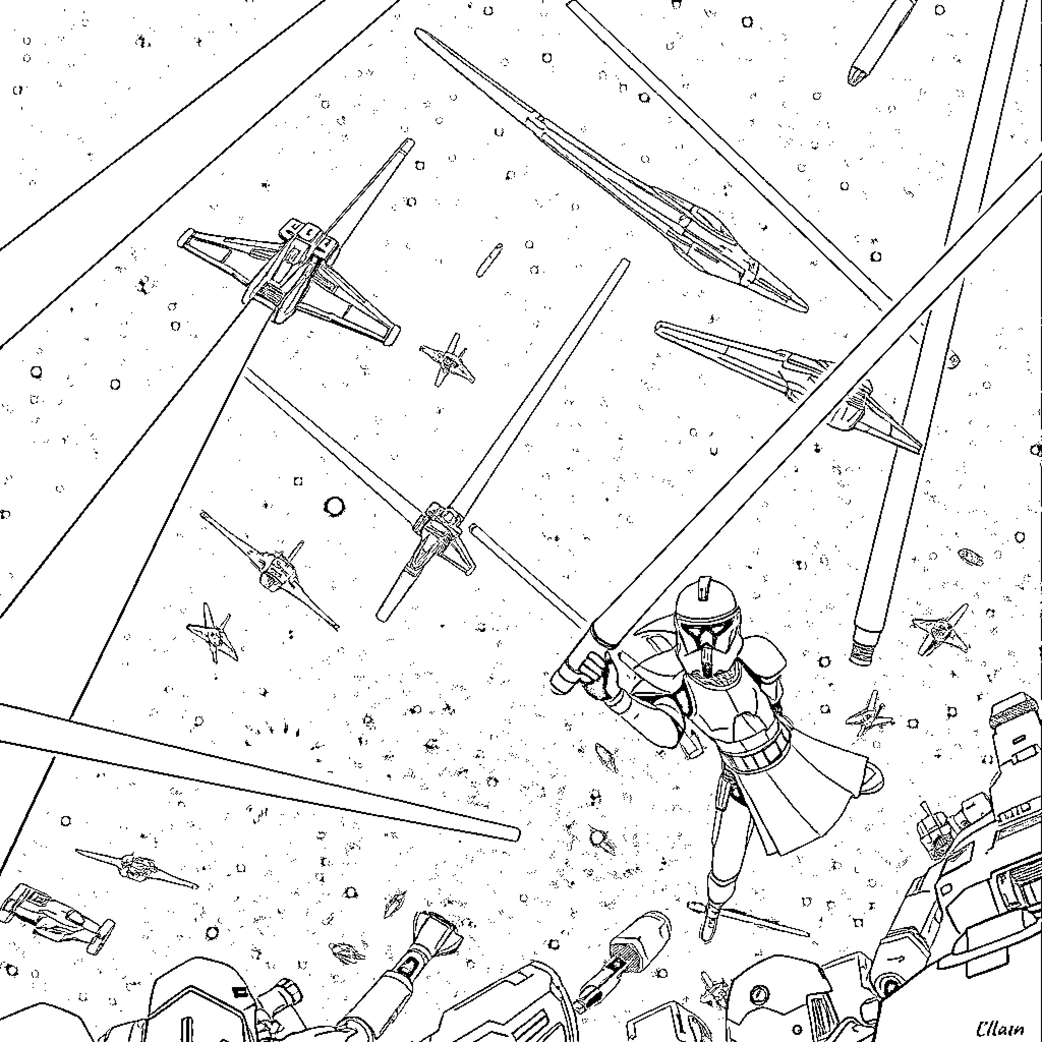 Star Wars Spacecraft Dogfight in Outer Space Coloring Page (free black-and-white line drawing printable PDF for all, from beginners to advanced learners, including children, teens, adults, and seniors)