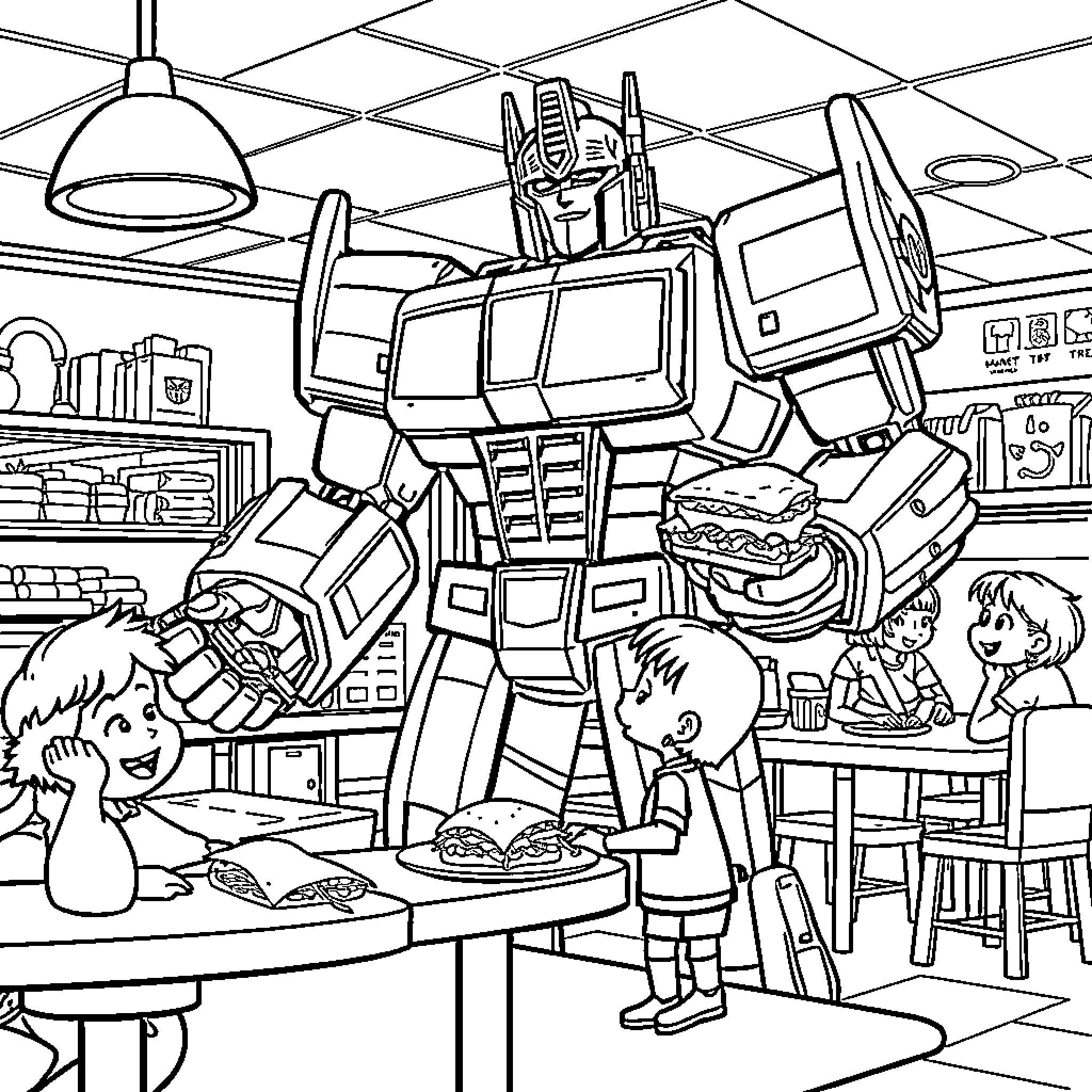Optimus Prime Oversees Humans in Energetic Cafe Scene Coloring Page (free black-and-white line drawing printable PDF for all, from beginners to advanced learners, including children, teens, adults, and seniors)