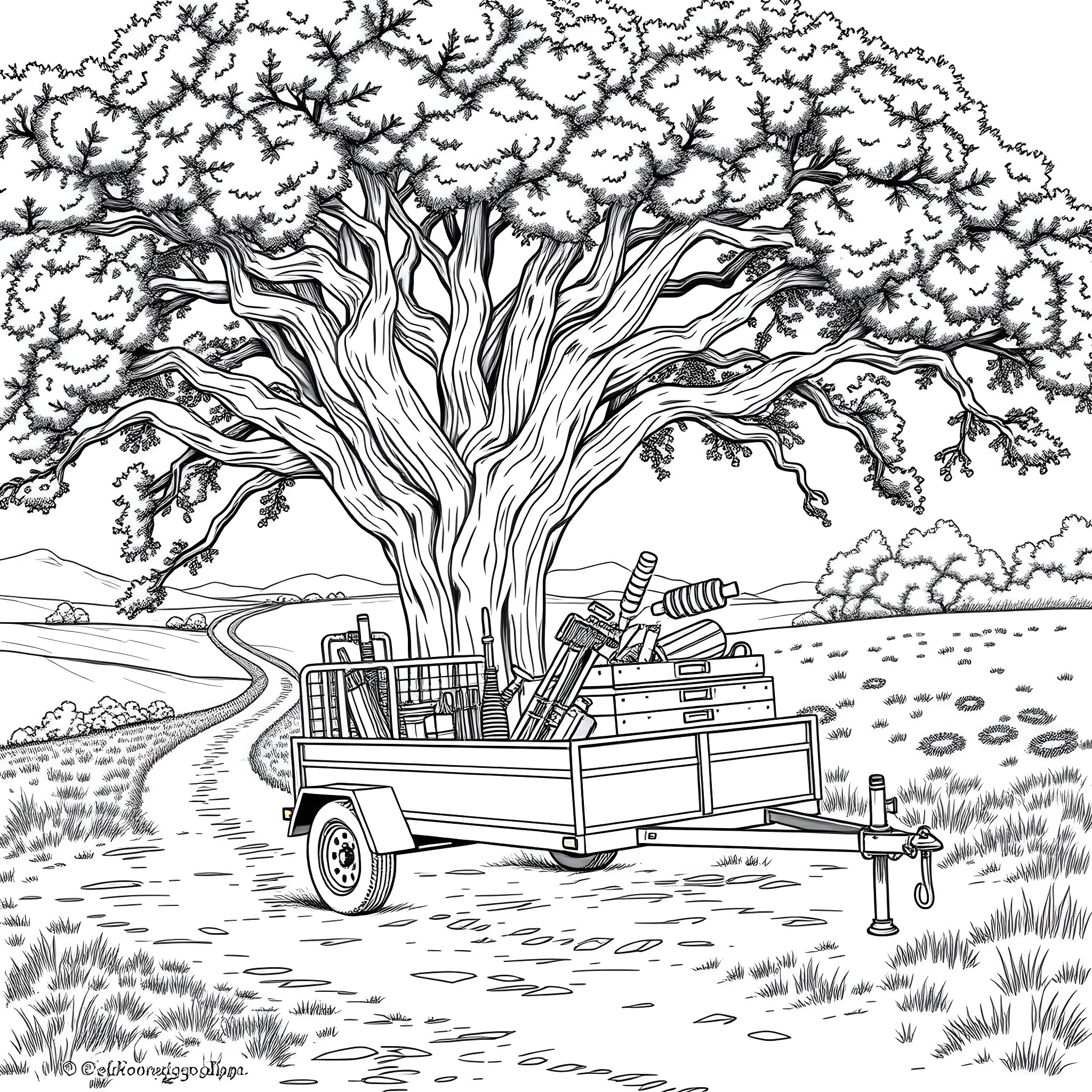Utility Trailer Loaded with Books and Supplies under Majestic Tree Coloring Page (free black-and-white line drawing printable PDF for all, from beginners to advanced learners, including children, teens, adults, and seniors)