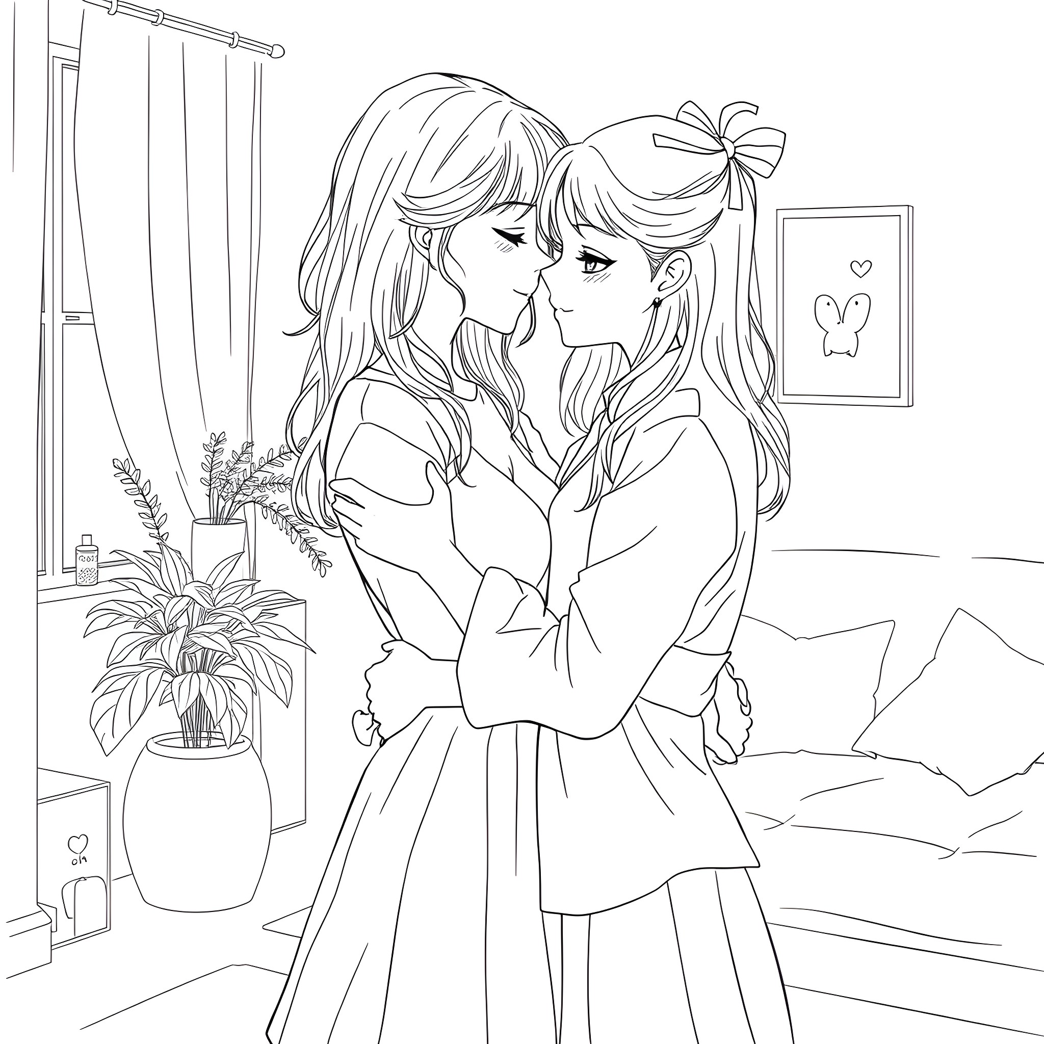 Girls sharing a tender moment in a cozy room Coloring Page (free black-and-white line drawing printable PDF for all, from beginners to advanced learners, including children, teens, adults, and seniors)