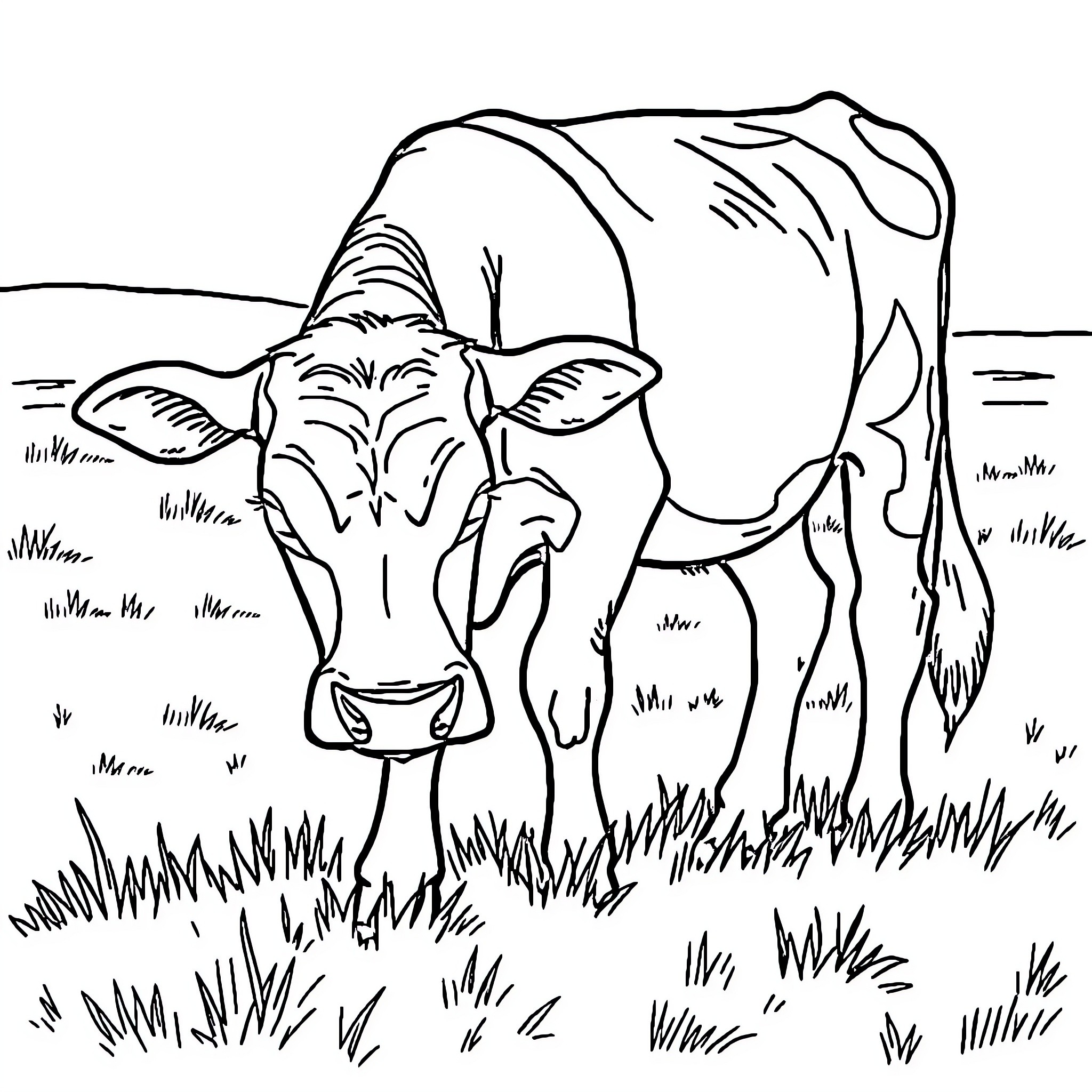 Cow grazing peacefully in a grassy field Coloring Page (free black-and-white line drawing printable PDF for all, from beginners to advanced learners, including children, teens, adults, and seniors)