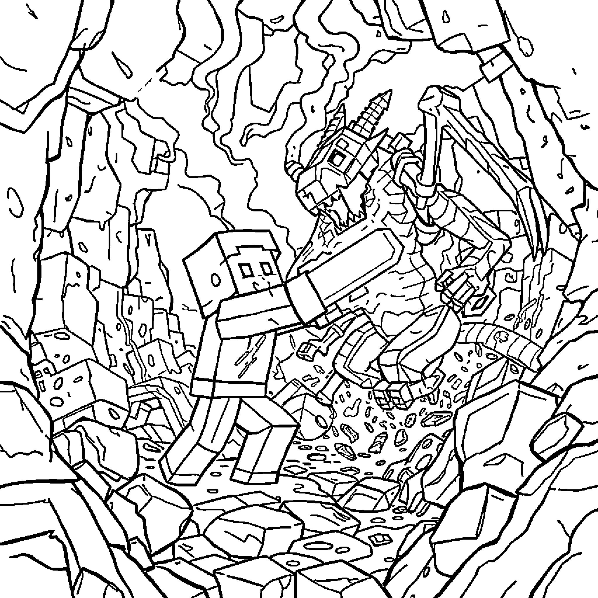 Minecraft Steve battling through a treacherous landscape Coloring Page (free black-and-white line drawing printable PDF for all, from beginners to advanced learners, including children, teens, adults, and seniors)