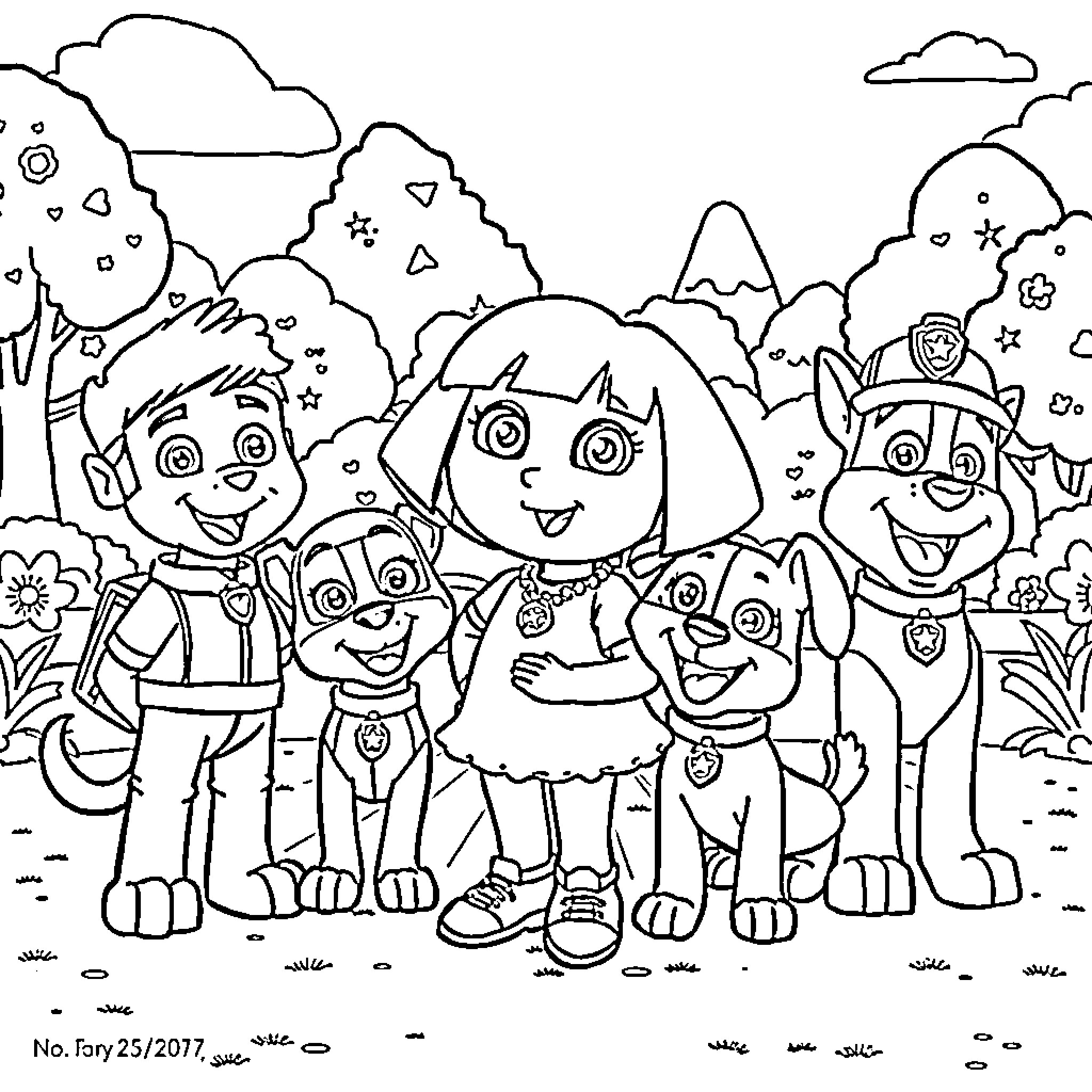 Dora and friends explore the outdoors Coloring Page (free black-and-white line drawing printable PDF for all, from beginners to advanced learners, including children, teens, adults, and seniors)
