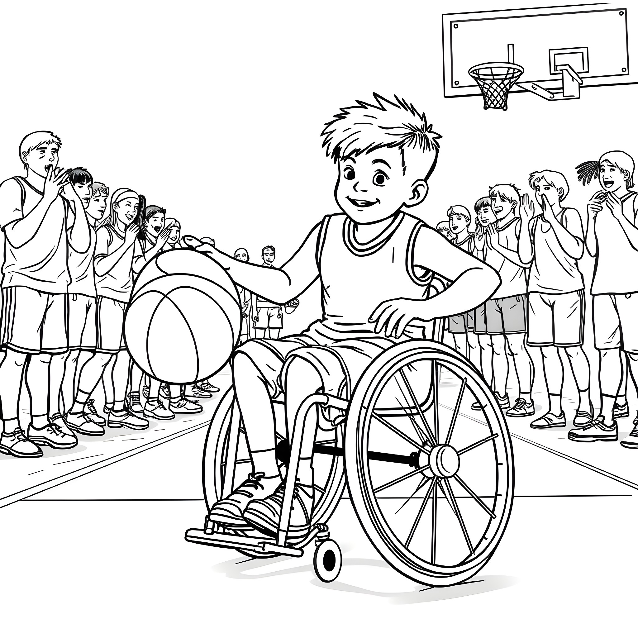 Boy in wheelchair playing basketball with friends Coloring Page (free black-and-white line drawing printable PDF for all, from beginners to advanced learners, including children, teens, adults, and seniors)
