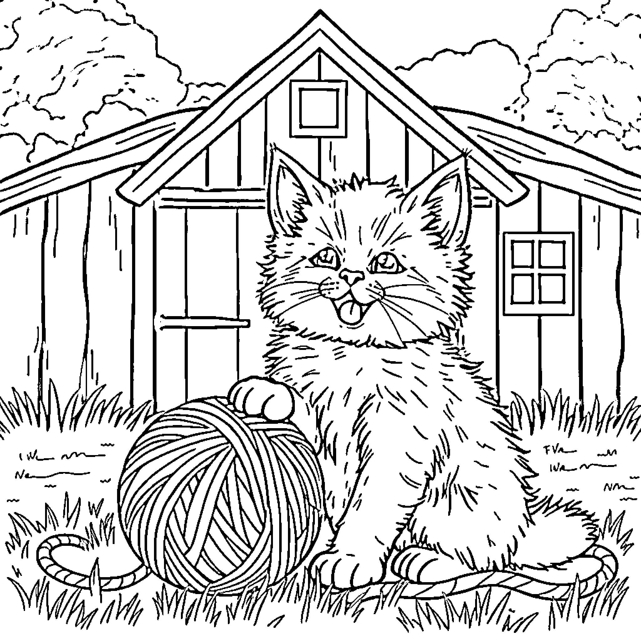 Kitty playing in the yard near a cozy cabin Coloring Page (free black-and-white line drawing printable PDF for all, from beginners to advanced learners, including children, teens, adults, and seniors)