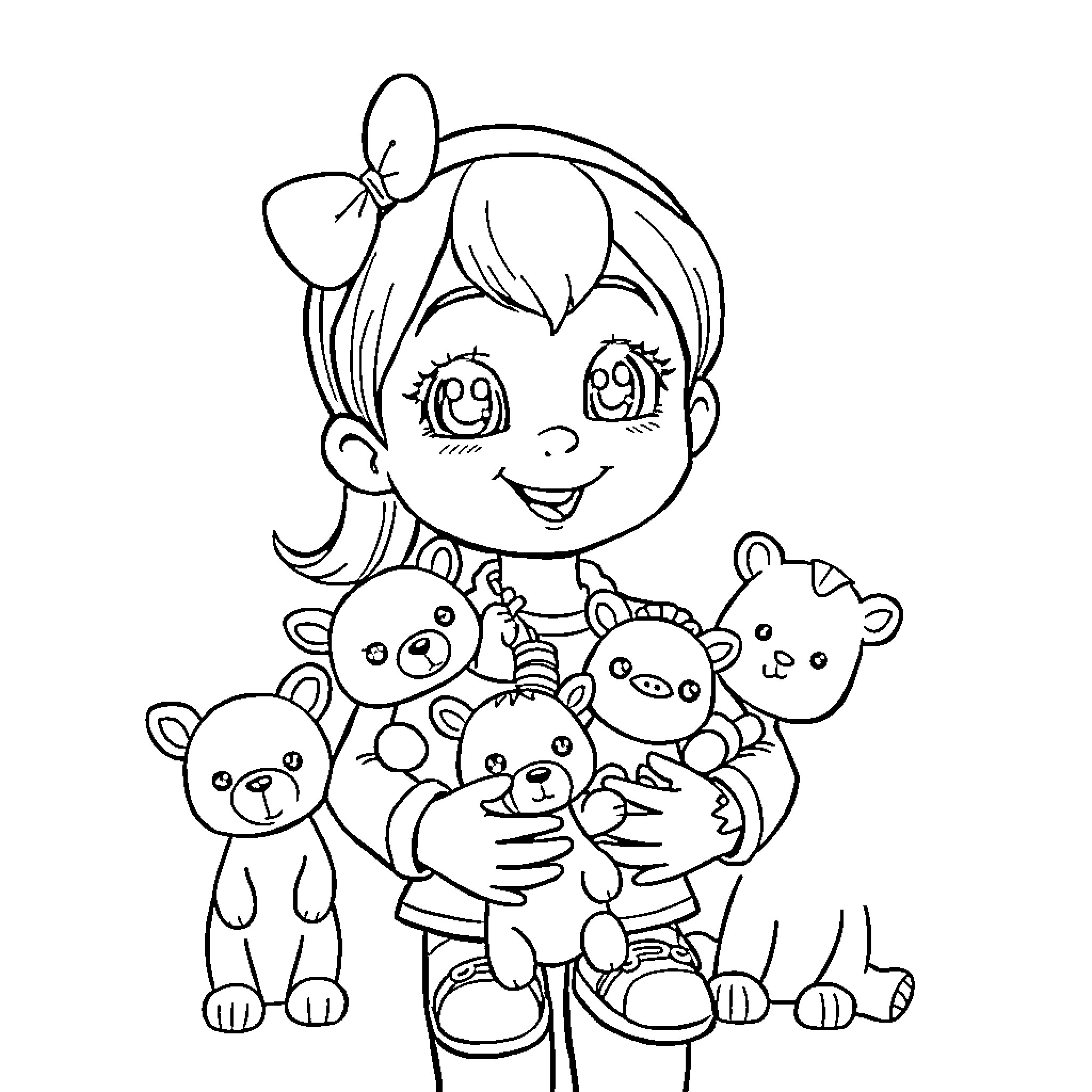 Animal girl holding adorable plush toys Coloring Page (free black-and-white line drawing printable PDF for all, from beginners to advanced learners, including children, teens, adults, and seniors)