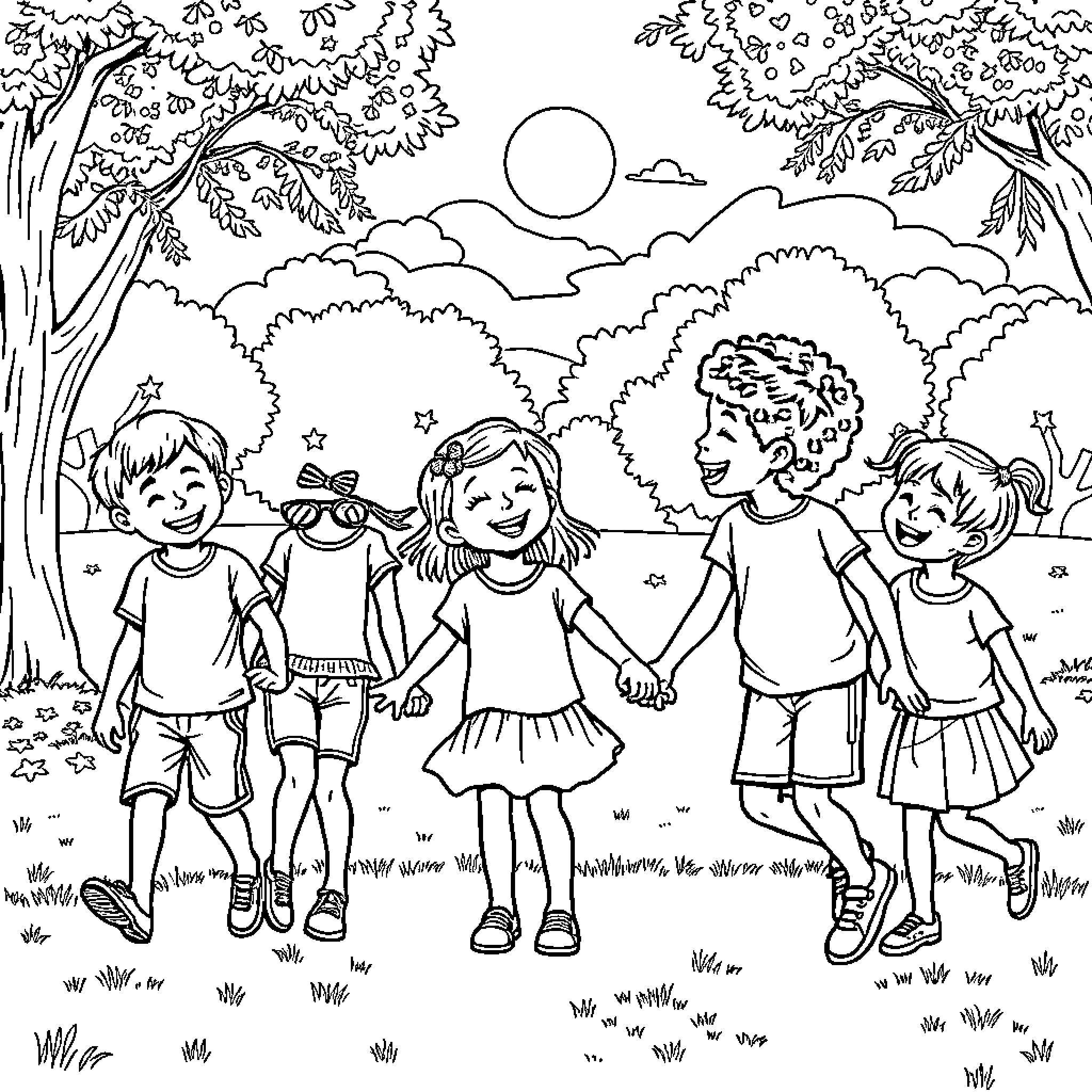 Kid friends enjoying outdoor adventure in nature Coloring Page (free black-and-white line drawing printable PDF for all, from beginners to advanced learners, including children, teens, adults, and seniors)