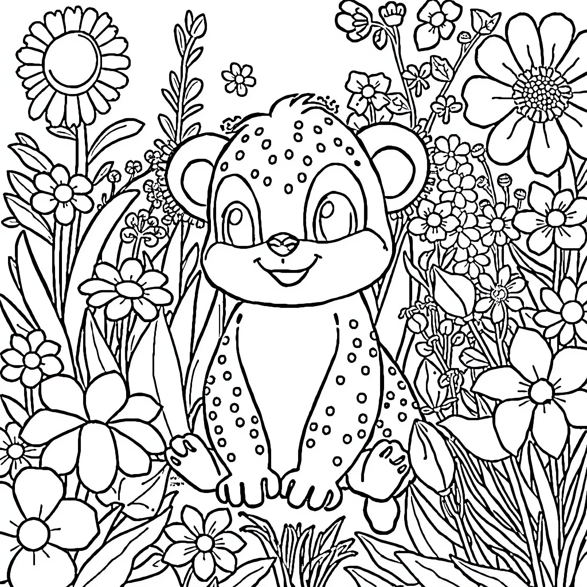 Labubu exploring the colorful floral garden Coloring Page (free black-and-white line drawing printable PDF for all, from beginners to advanced learners, including children, teens, adults, and seniors)