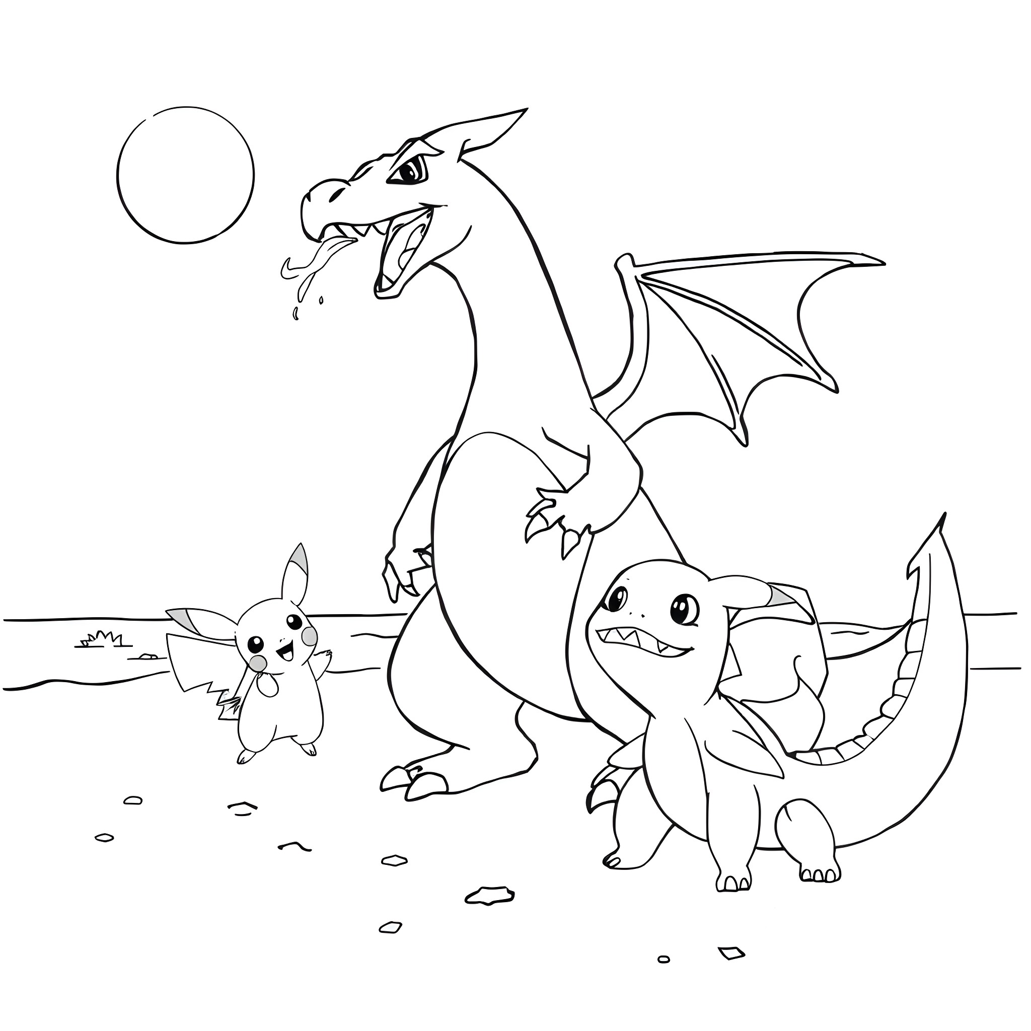 Charizard and Pikachu in a playful scene Coloring Page (free black-and-white line drawing printable PDF for all, from beginners to advanced learners, including children, teens, adults, and seniors)