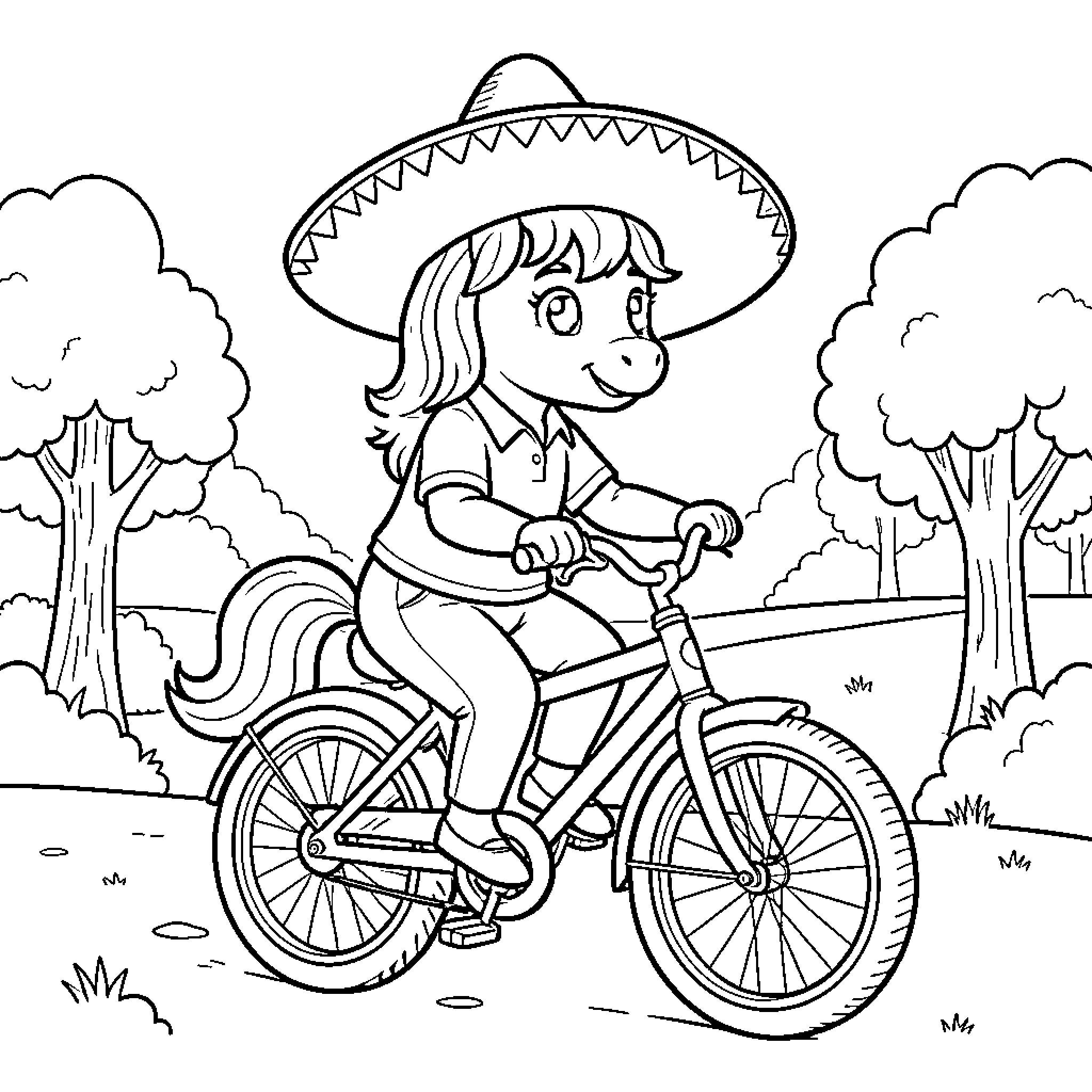 Pony riding bicycle through picturesque landscape Coloring Page (free black-and-white line drawing printable PDF for all, from beginners to advanced learners, including children, teens, adults, and seniors)