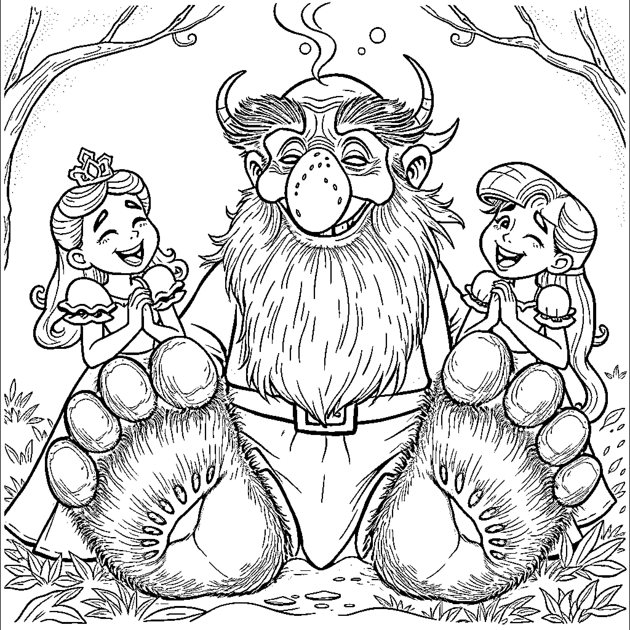 Princess embraces friendly forest creatures Coloring Page (free black-and-white line drawing printable PDF for all, from beginners to advanced learners, including children, teens, adults, and seniors)