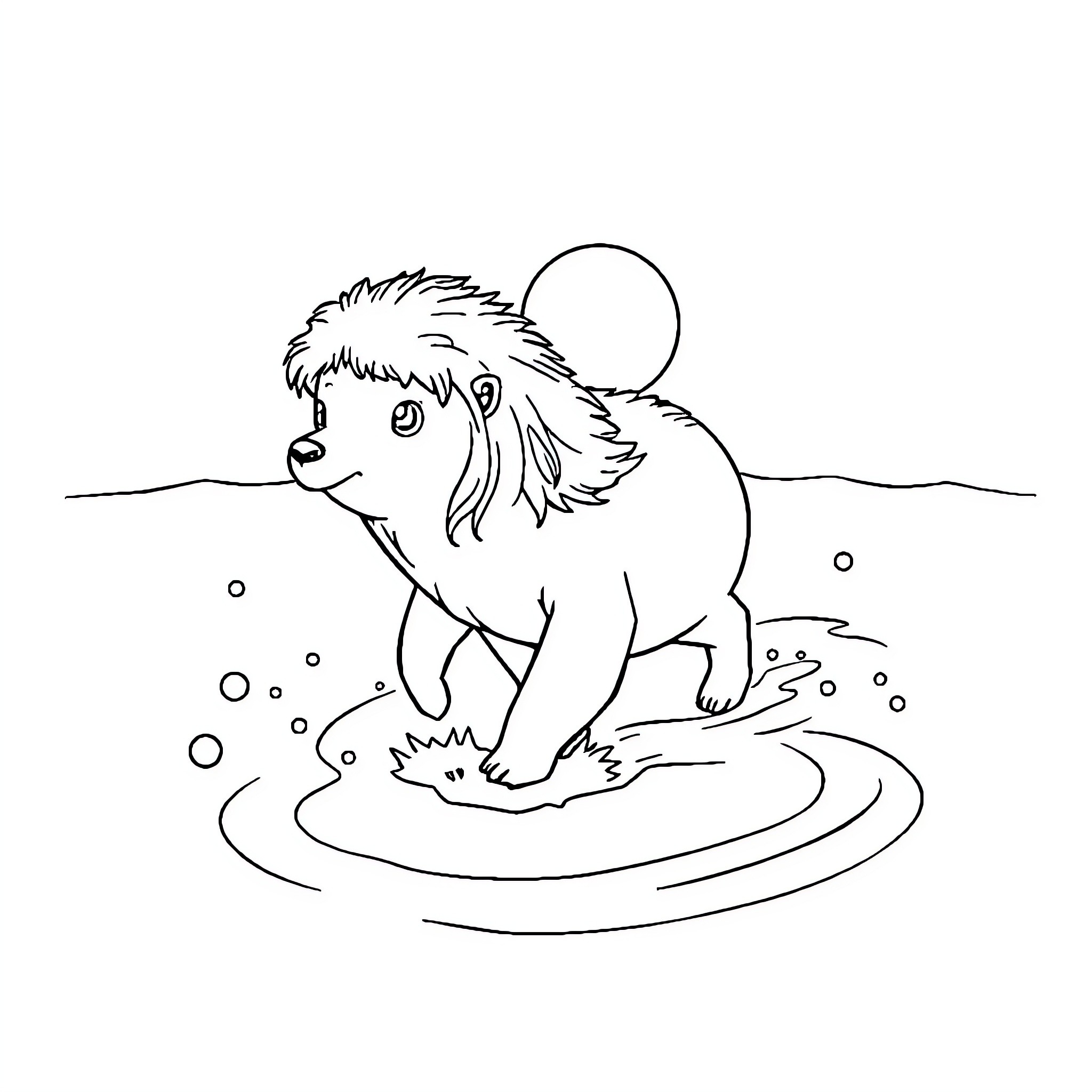 Furina's Playful Splash in the Pond Coloring Page (free black-and-white line drawing printable PDF for all, from beginners to advanced learners, including children, teens, adults, and seniors)