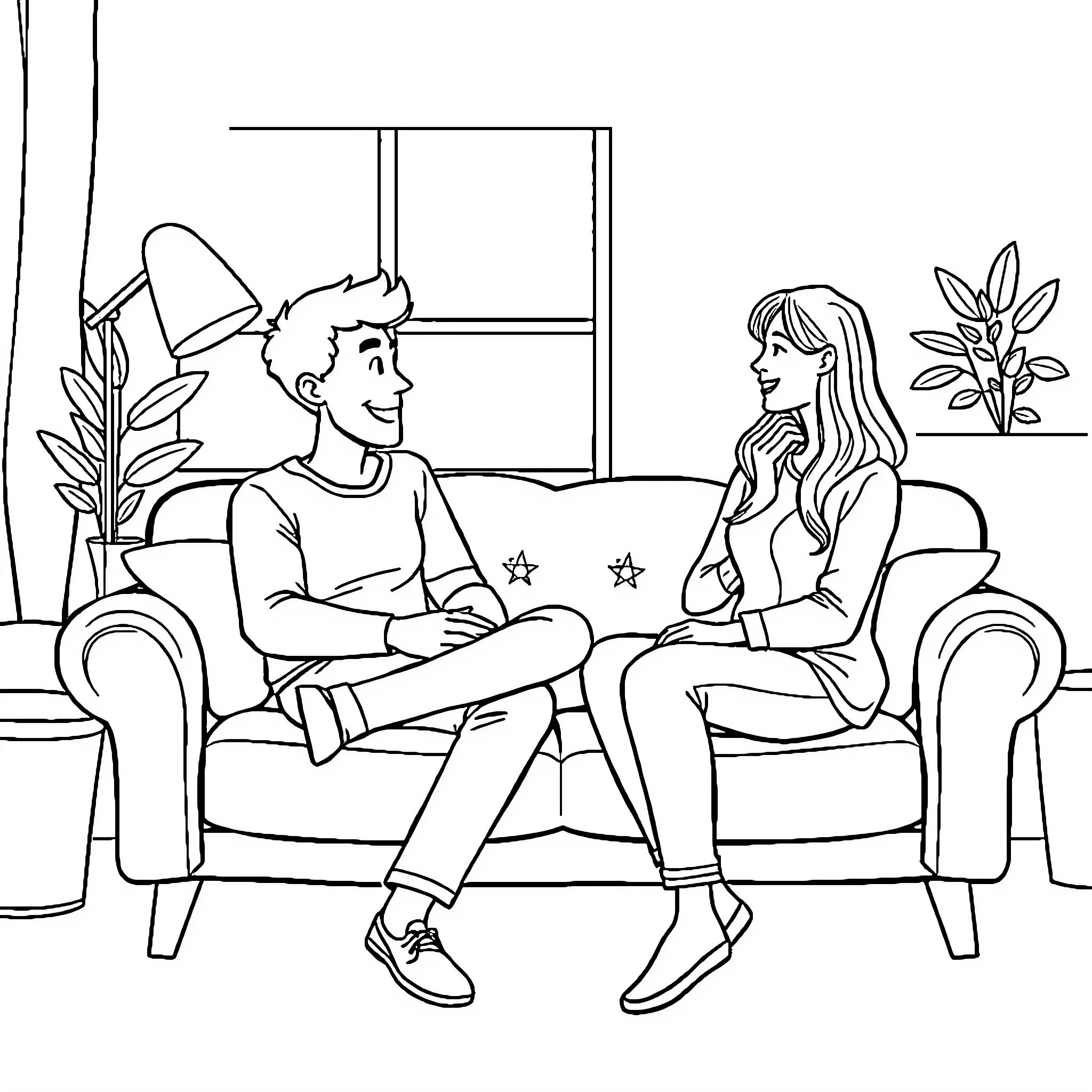 Cat couple sitting and talking in living room Coloring Page (free black-and-white line drawing printable PDF for all, from beginners to advanced learners, including children, teens, adults, and seniors)