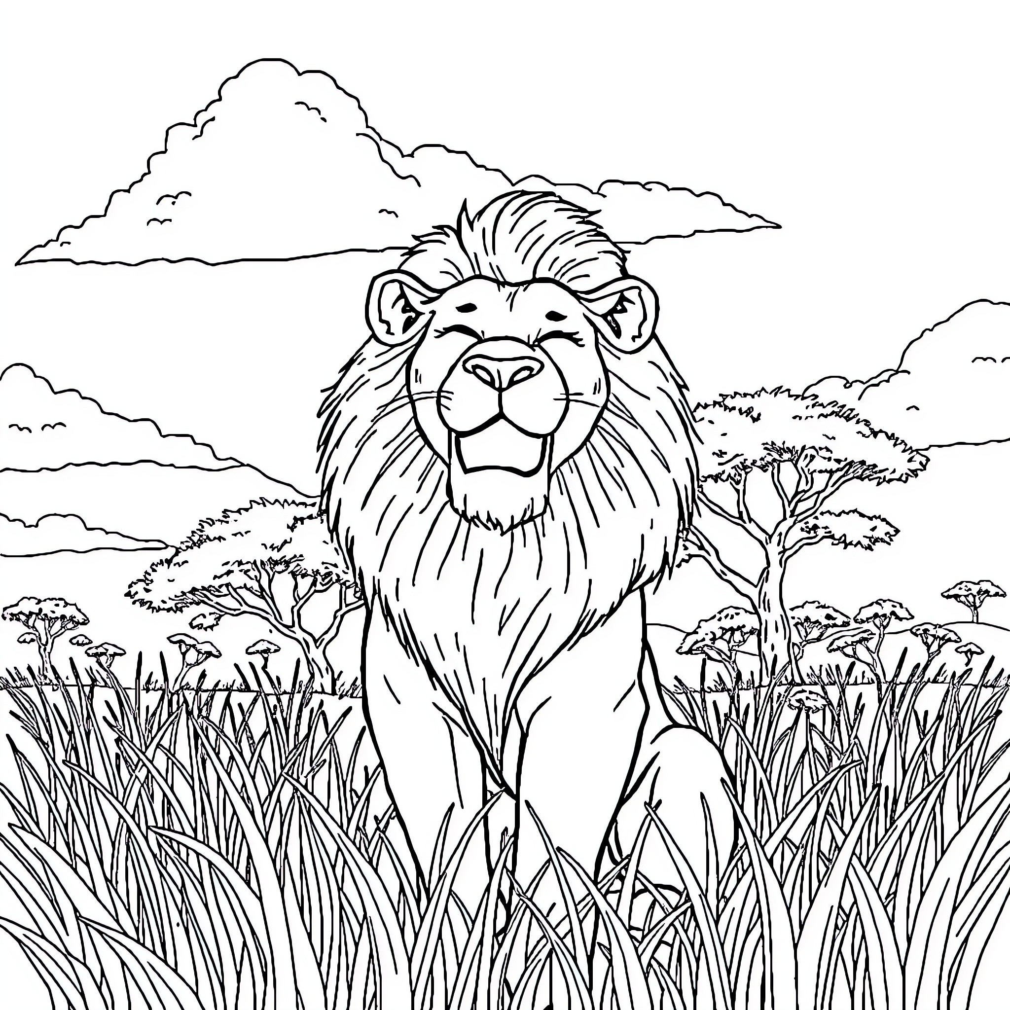 Lion in the Serene Savanna Coloring Page (free black-and-white line drawing printable PDF for all, from beginners to advanced learners, including children, teens, adults, and seniors)