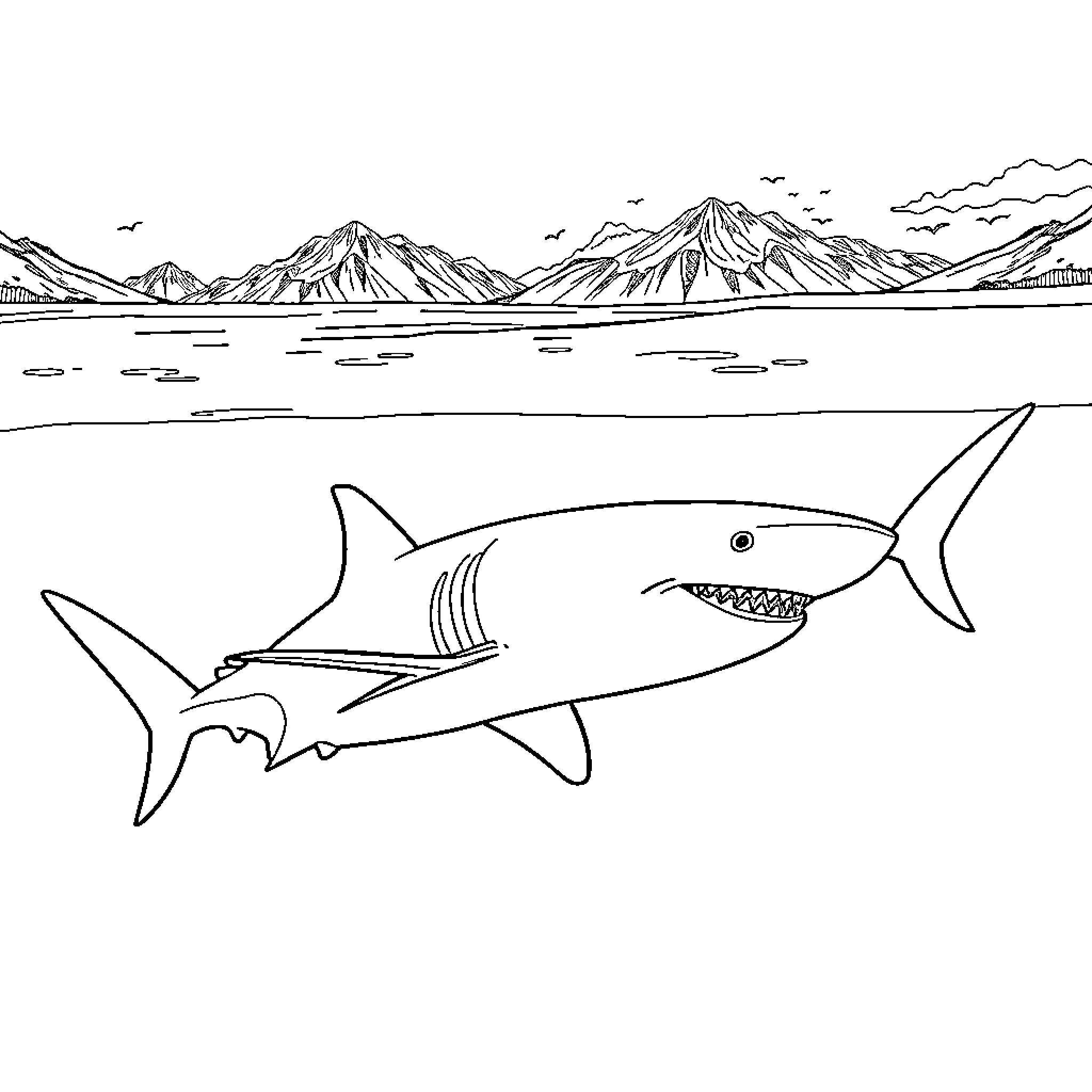 Shark swimming in the ocean near mountainous landscape Coloring Page (free black-and-white line drawing printable PDF for all, from beginners to advanced learners, including children, teens, adults, and seniors)