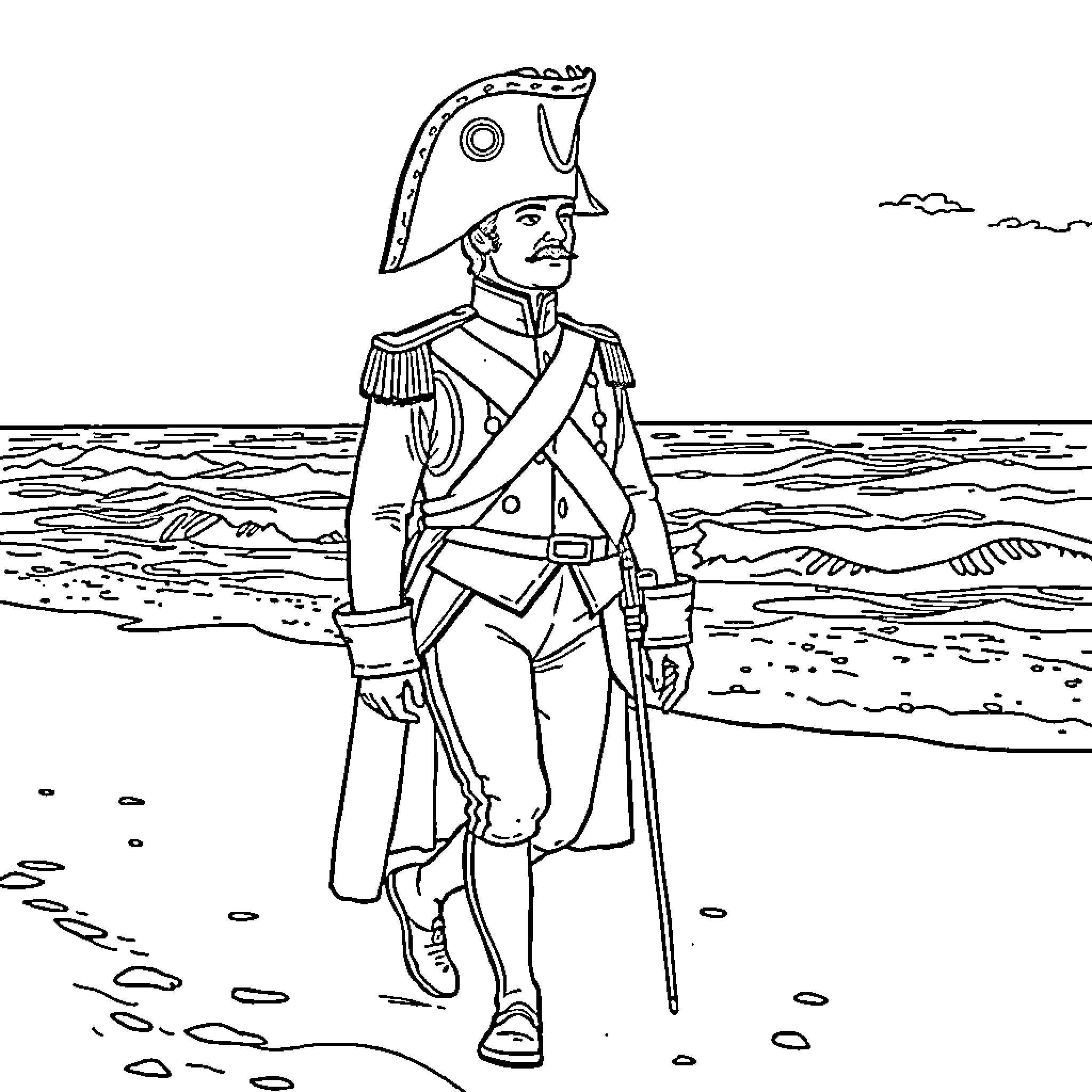 Napoleon's Coastal Command in Contemplation Coloring Page (free black-and-white line drawing printable PDF for all, from beginners to advanced learners, including children, teens, adults, and seniors)