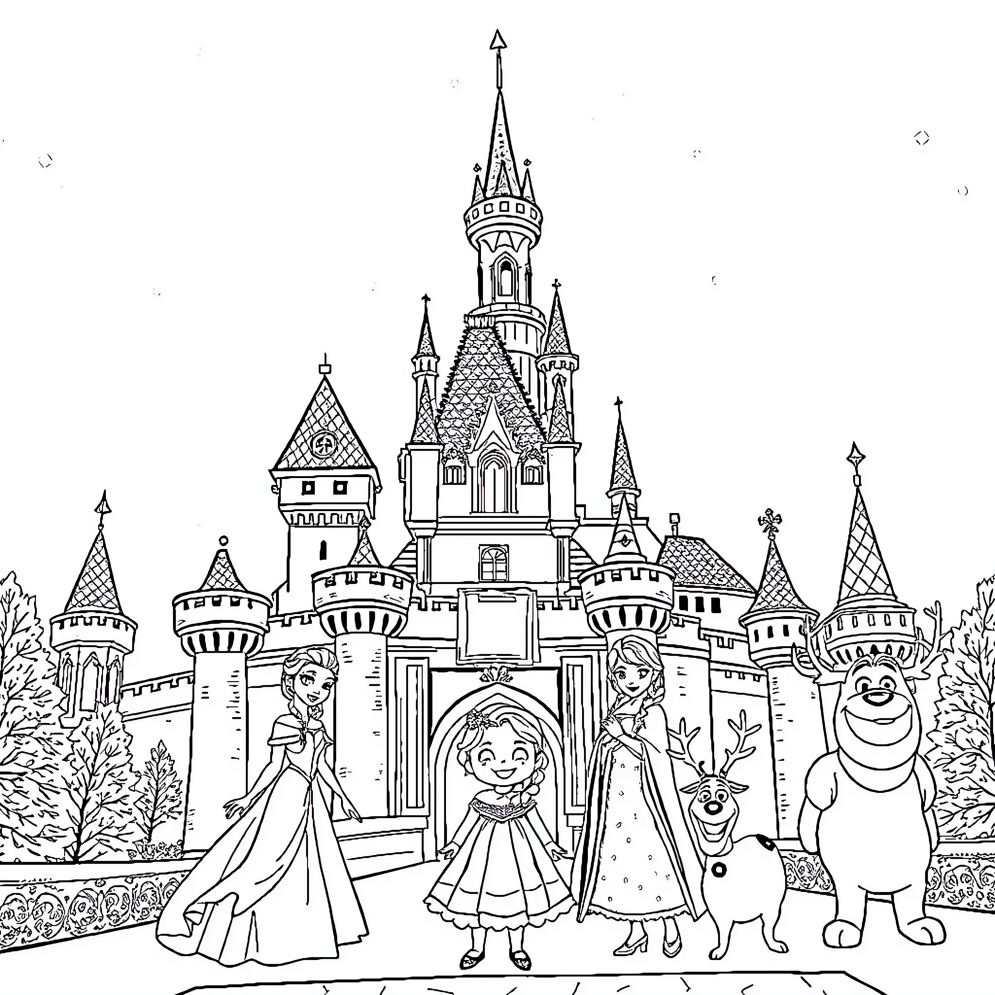Disney Princess Visiting Fantasy Castle with Friends Coloring Page (free black-and-white line drawing printable PDF for all, from beginners to advanced learners, including children, teens, adults, and seniors)
