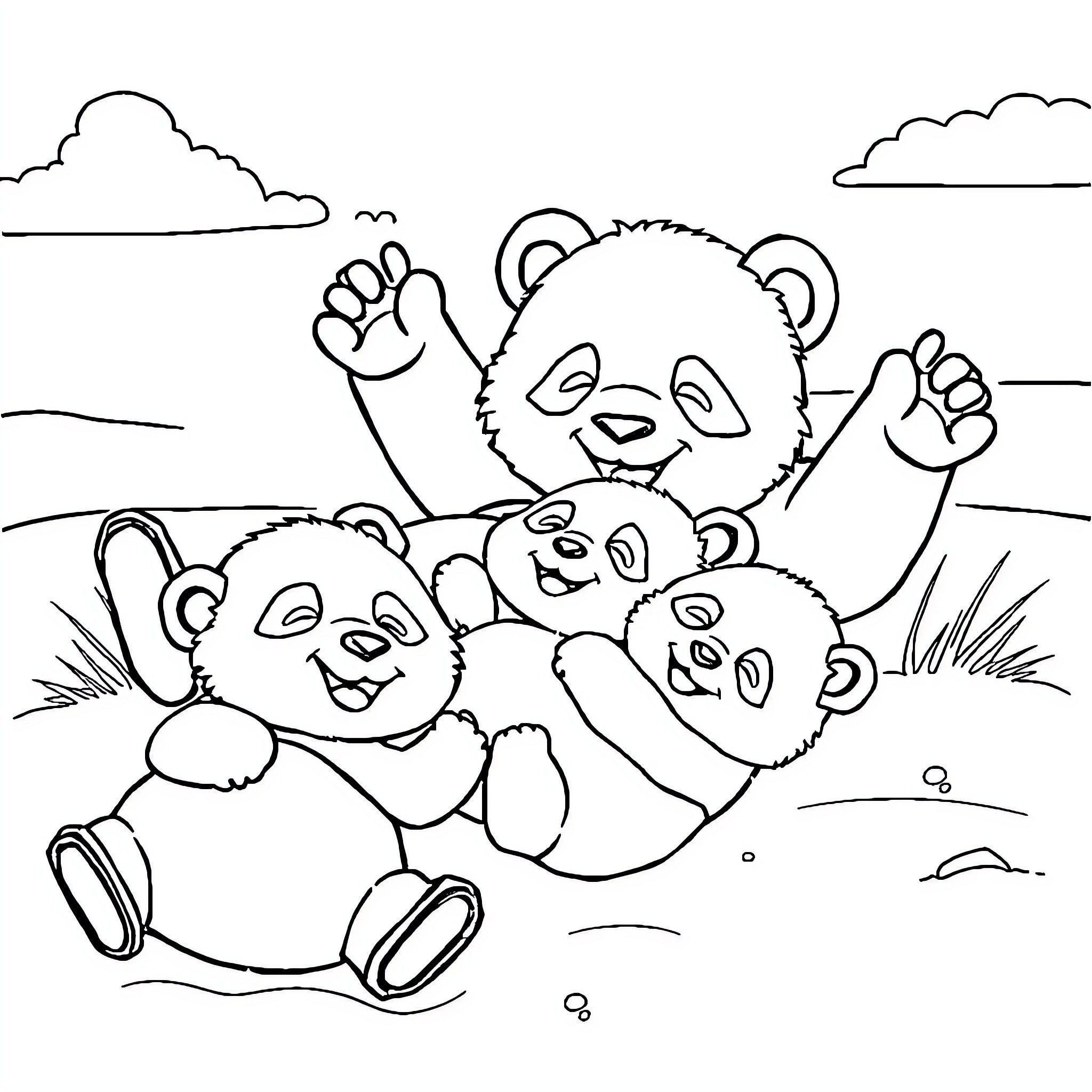 Panda family playing and cuddling outdoors Coloring Page (free black-and-white line drawing printable PDF for all, from beginners to advanced learners, including children, teens, adults, and seniors)