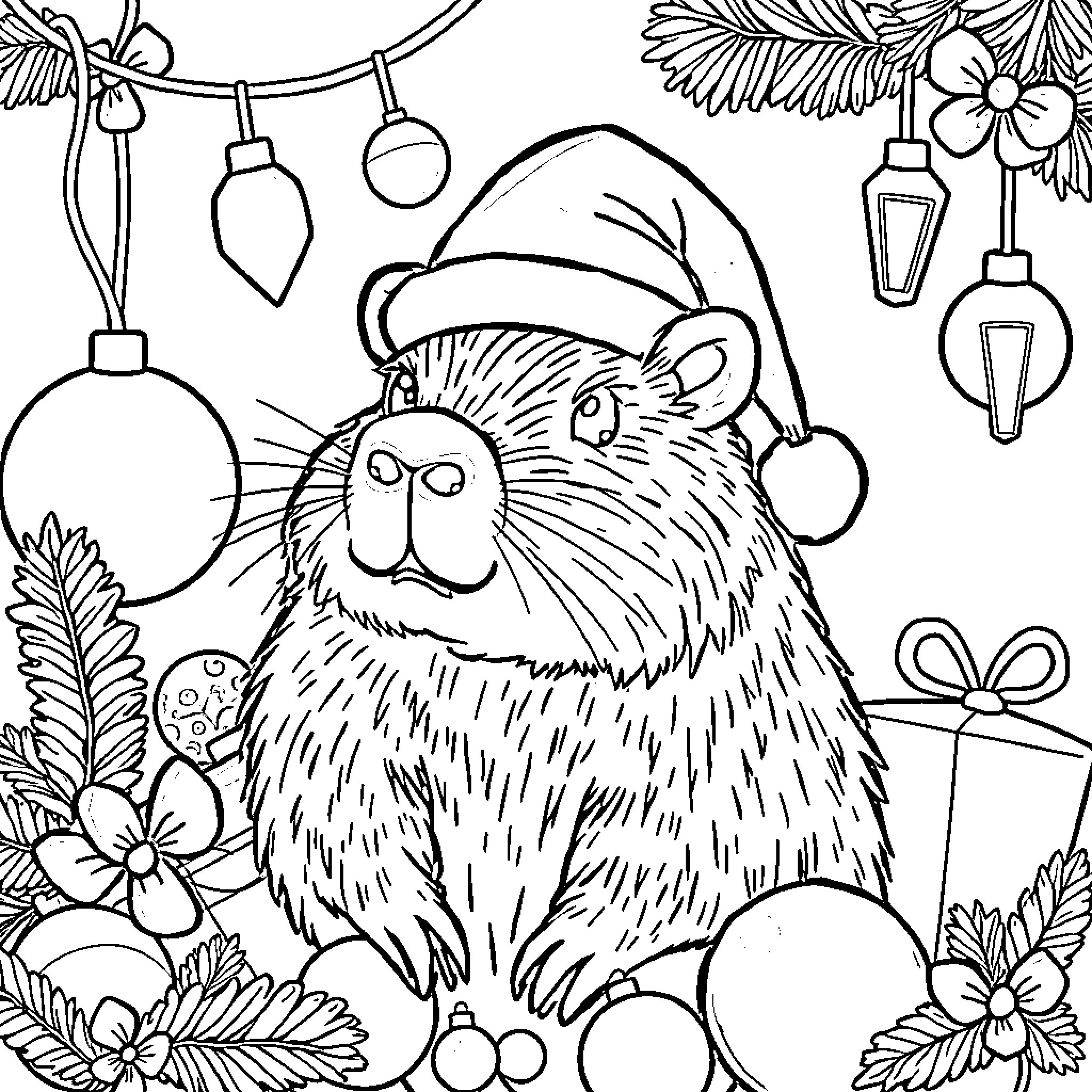 Capybara with festive ornaments and decorations Coloring Page (free black-and-white line drawing printable PDF for all, from beginners to advanced learners, including children, teens, adults, and seniors)