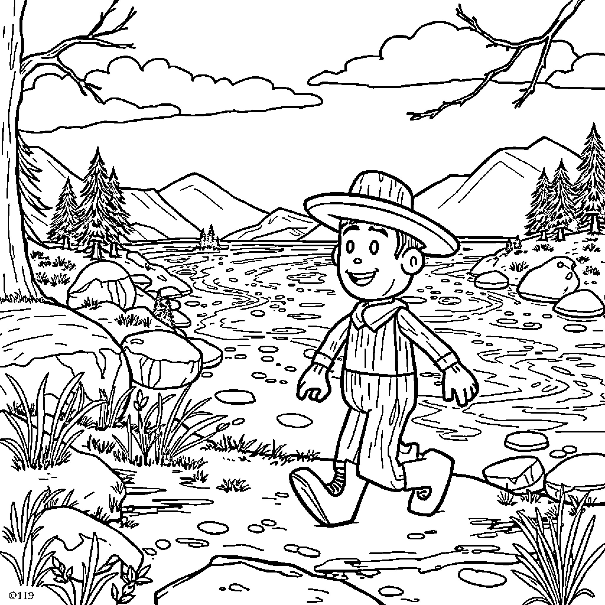 Woody's Outdoor Adventure in the Mountains Coloring Page (free black-and-white line drawing printable PDF for all, from beginners to advanced learners, including children, teens, adults, and seniors)