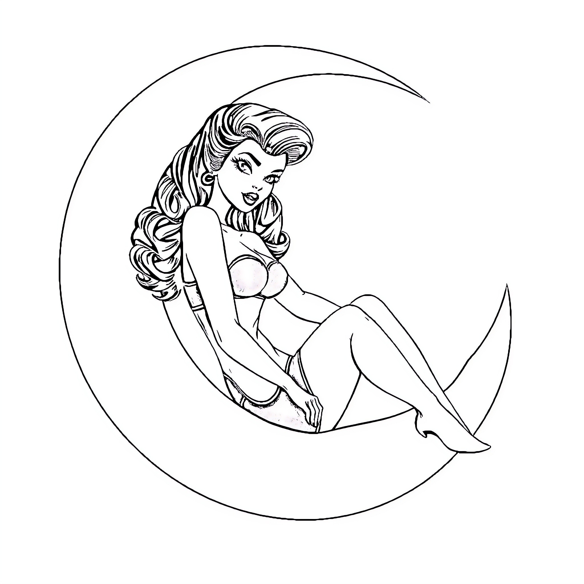 Pinup Girl in Playful Pose on Crescent Moon Coloring Page (free black-and-white line drawing printable PDF for all, from beginners to advanced learners, including children, teens, adults, and seniors)