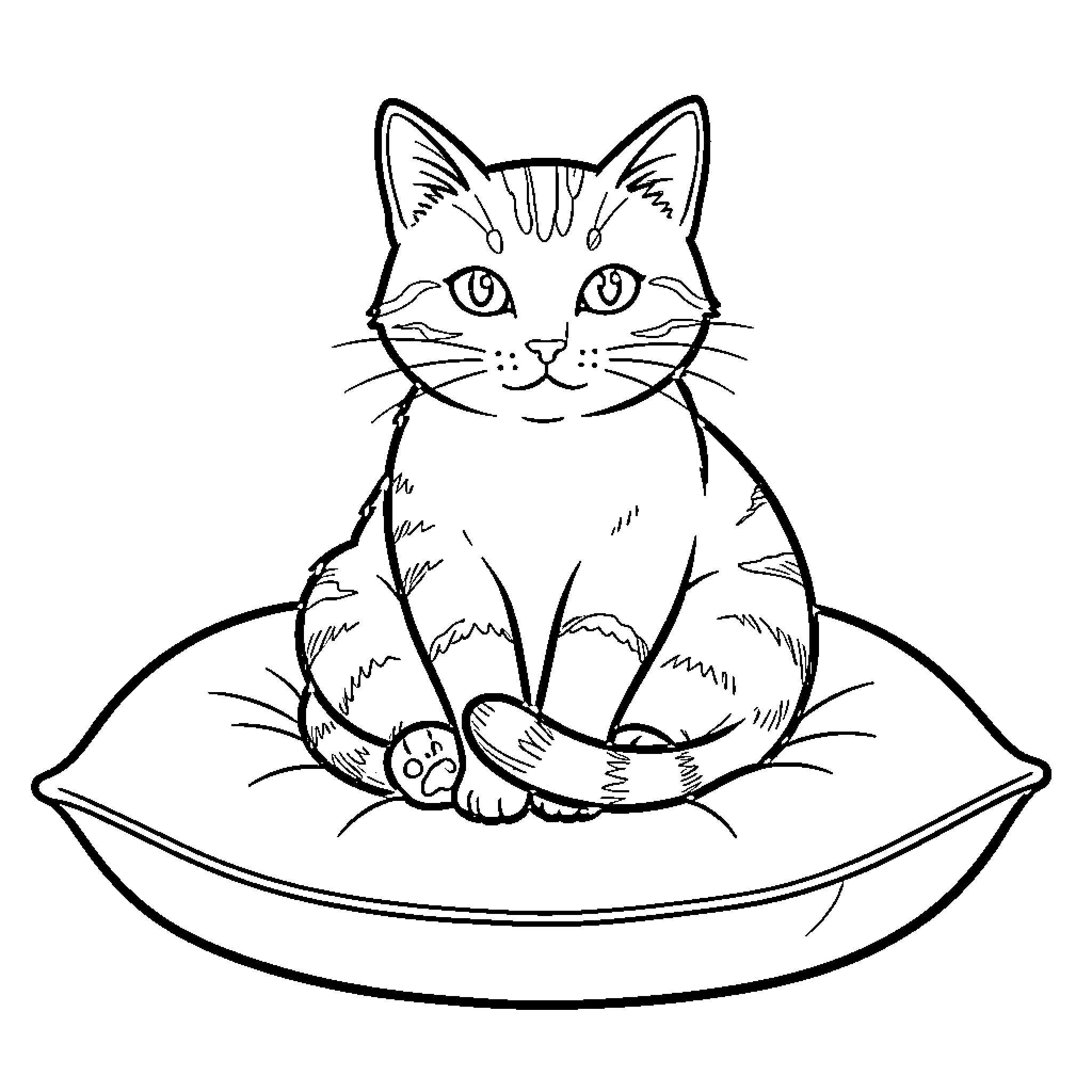Cat sitting calmly in a soft bed Coloring Page (free black-and-white line drawing printable PDF for all, from beginners to advanced learners, including children, teens, adults, and seniors)