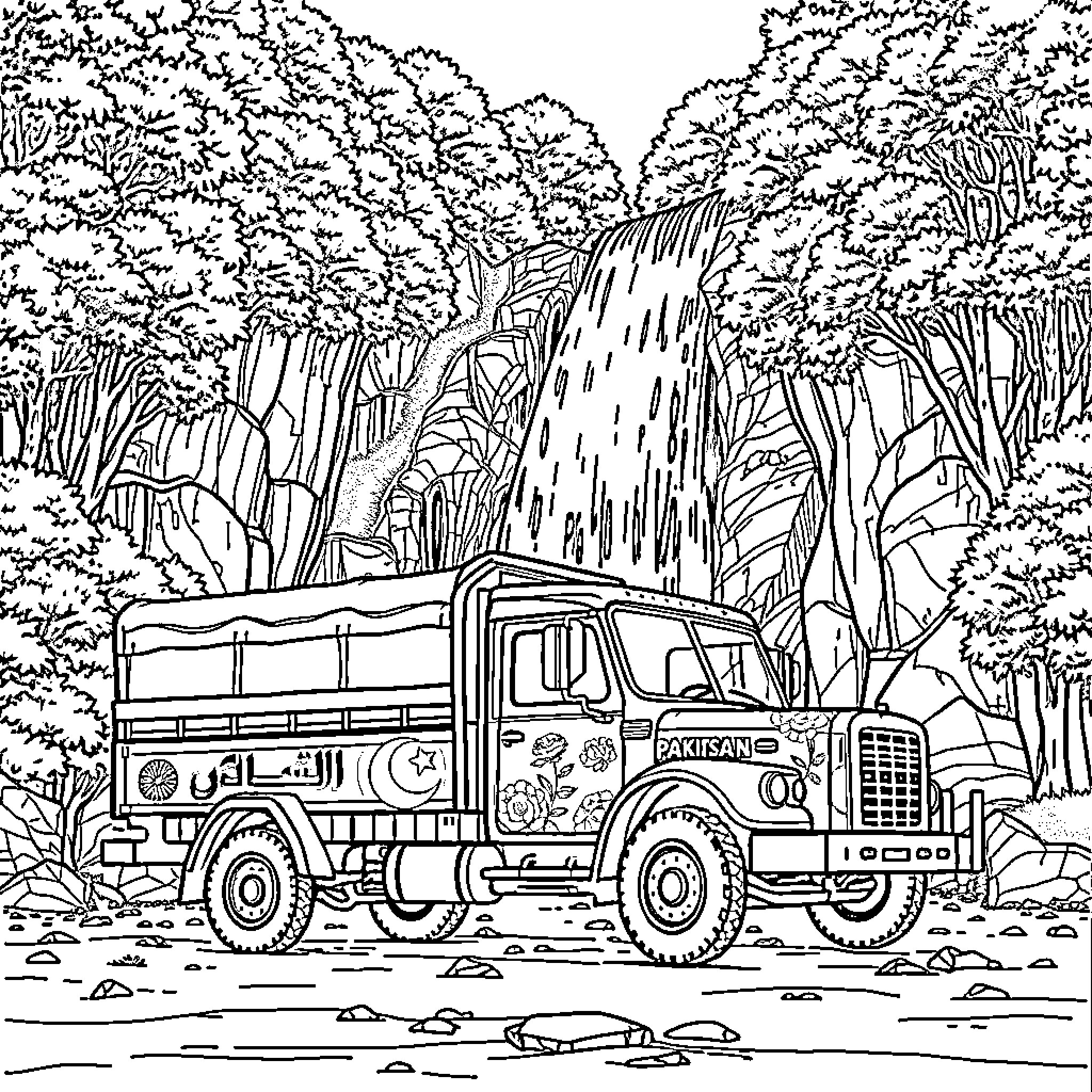 Truck traversing rugged forest landscape Coloring Page (free black-and-white line drawing printable PDF for all, from beginners to advanced learners, including children, teens, adults, and seniors)