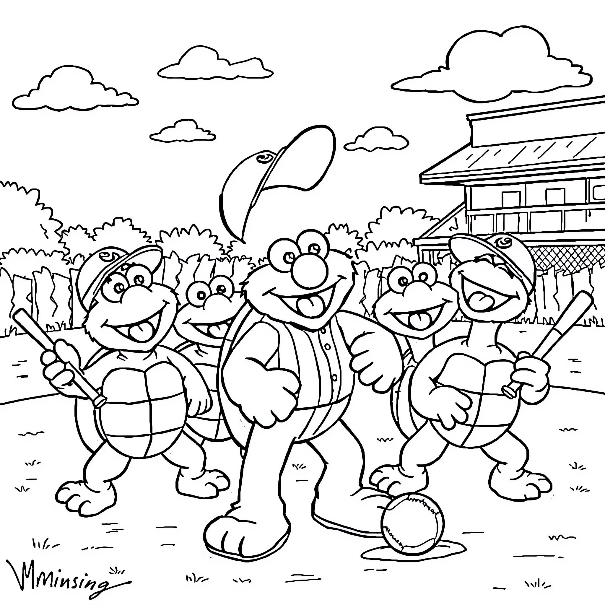 Gonger and Friends at the Park Coloring Page (free black-and-white line drawing printable PDF for all, from beginners to advanced learners, including children, teens, adults, and seniors)