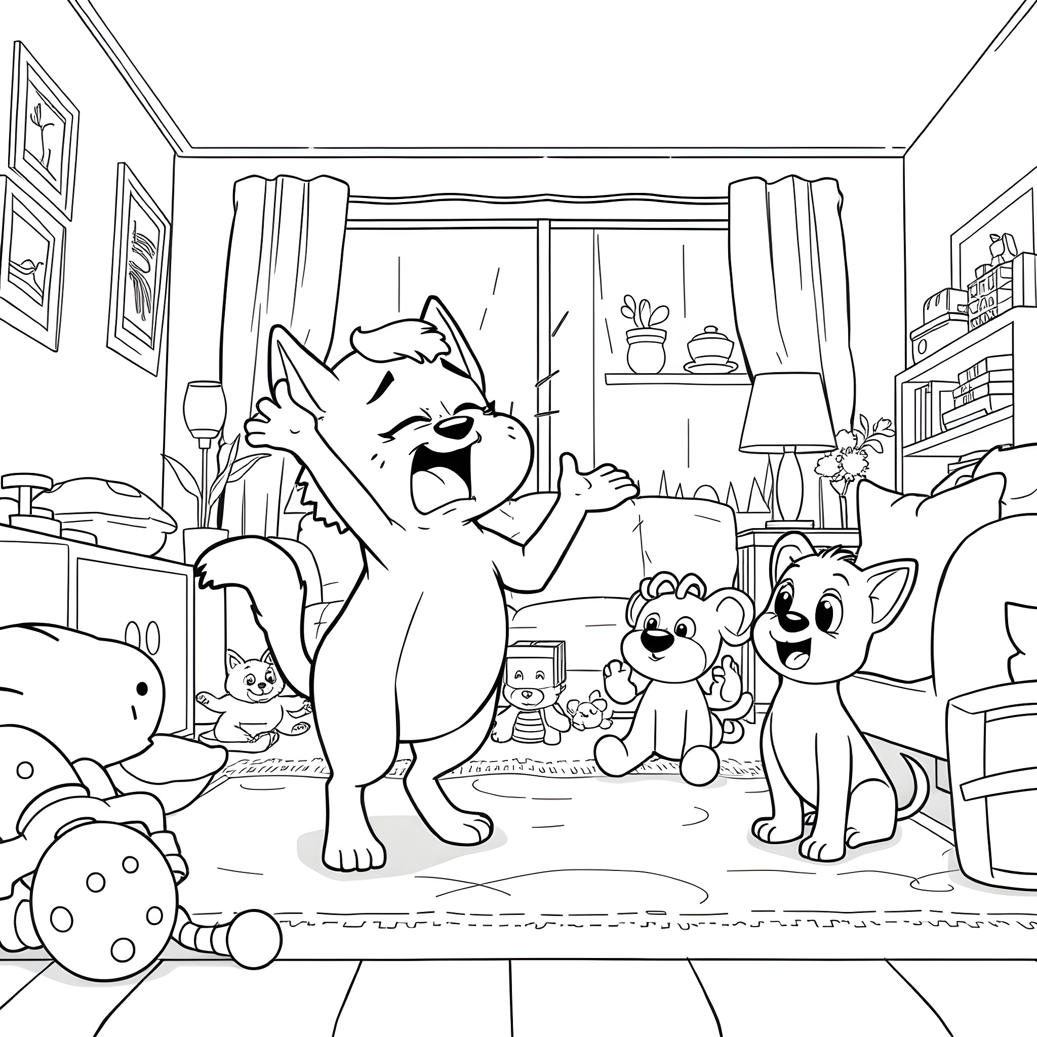 Muffin playing happily with friends in the living room Coloring Page (free black-and-white line drawing printable PDF for all, from beginners to advanced learners, including children, teens, adults, and seniors)