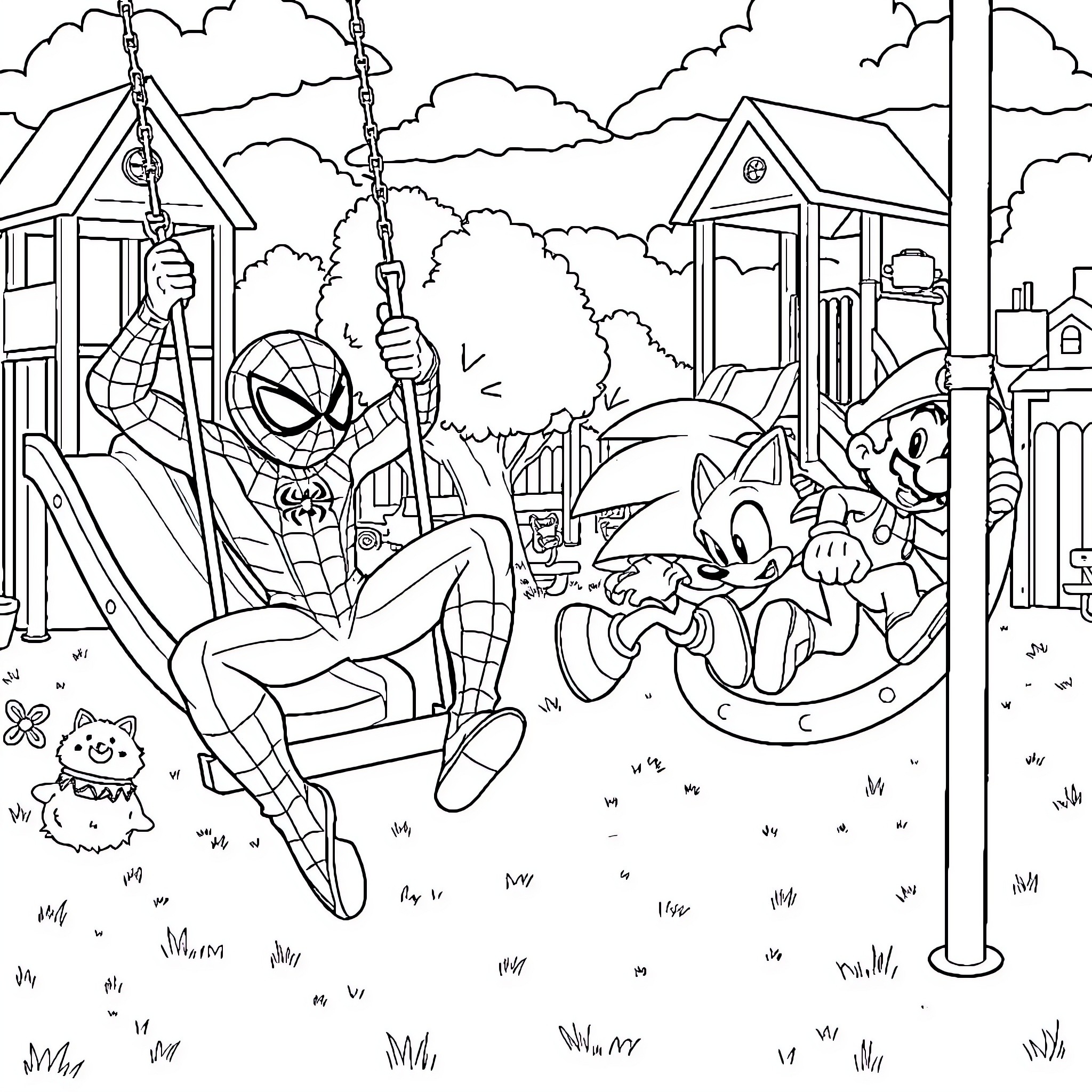 Spider-Man swinging and playing with friends in the park Coloring Page (free black-and-white line drawing printable PDF for all, from beginners to advanced learners, including children, teens, adults, and seniors)