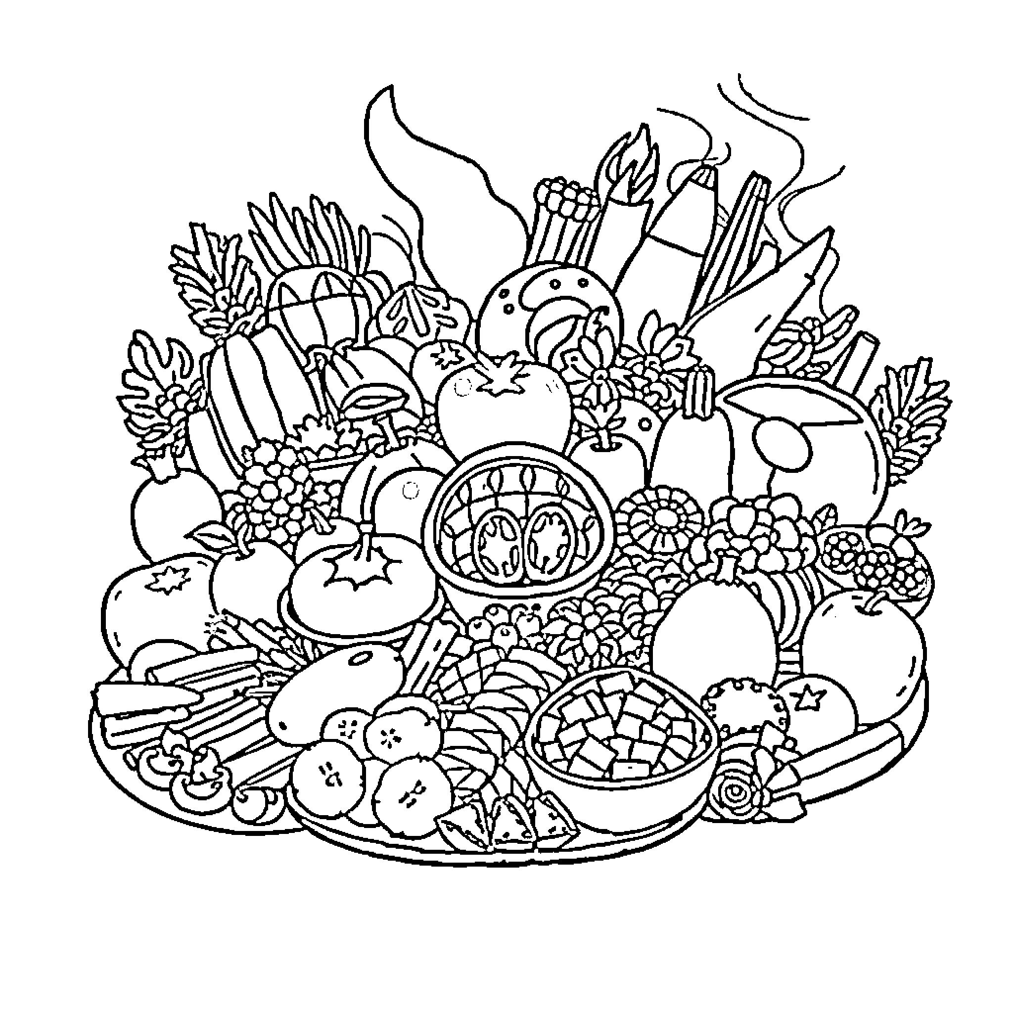 Food and Culinary Delights in Colorful Arrangement Coloring Page (free black-and-white line drawing printable PDF for all, from beginners to advanced learners, including children, teens, adults, and seniors)