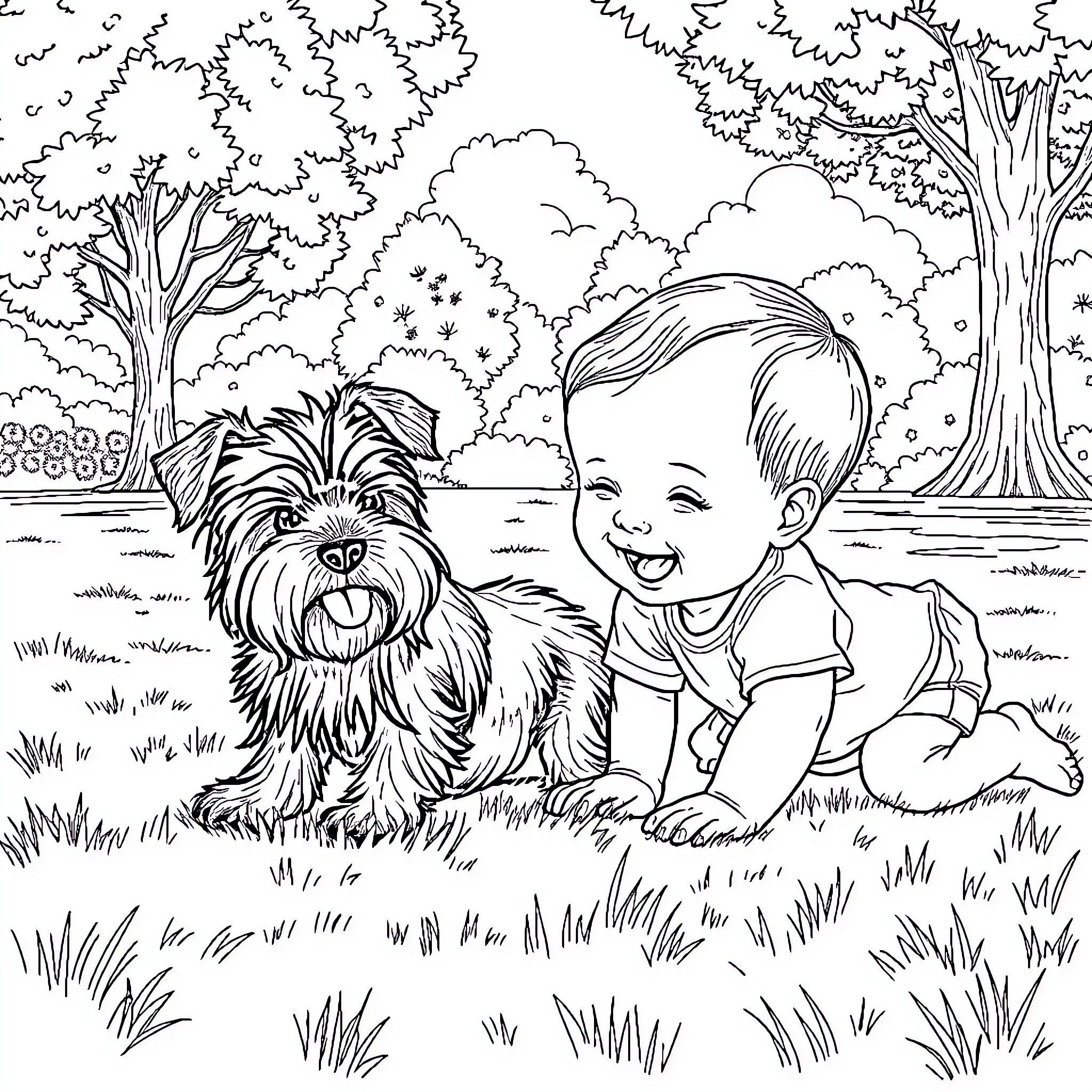 Baby playing happily with furry friend in the park Coloring Page (free black-and-white line drawing printable PDF for all, from beginners to advanced learners, including children, teens, adults, and seniors)