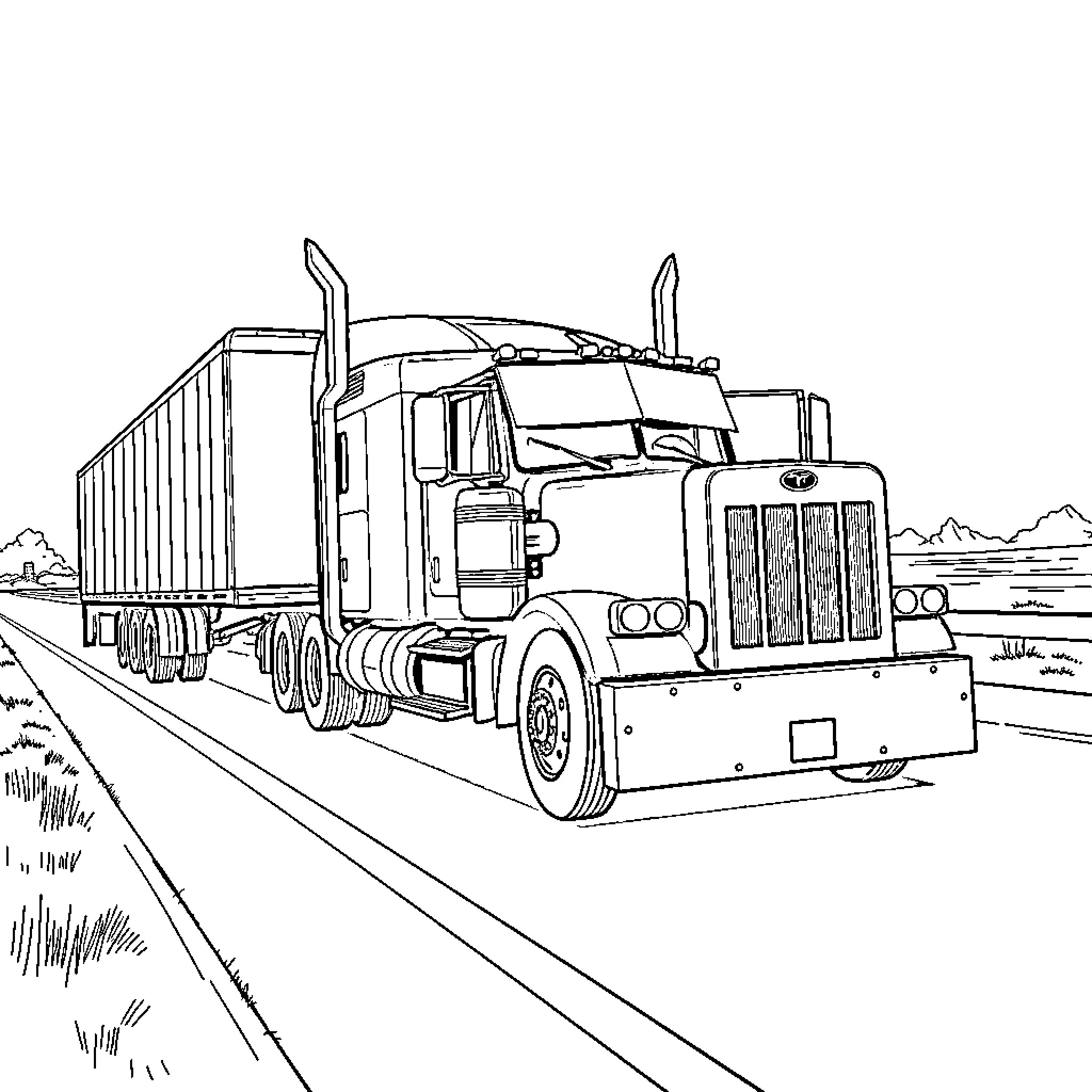 Truck transporting cargo on a rural highway Coloring Page (free black-and-white line drawing printable PDF for all, from beginners to advanced learners, including children, teens, adults, and seniors)