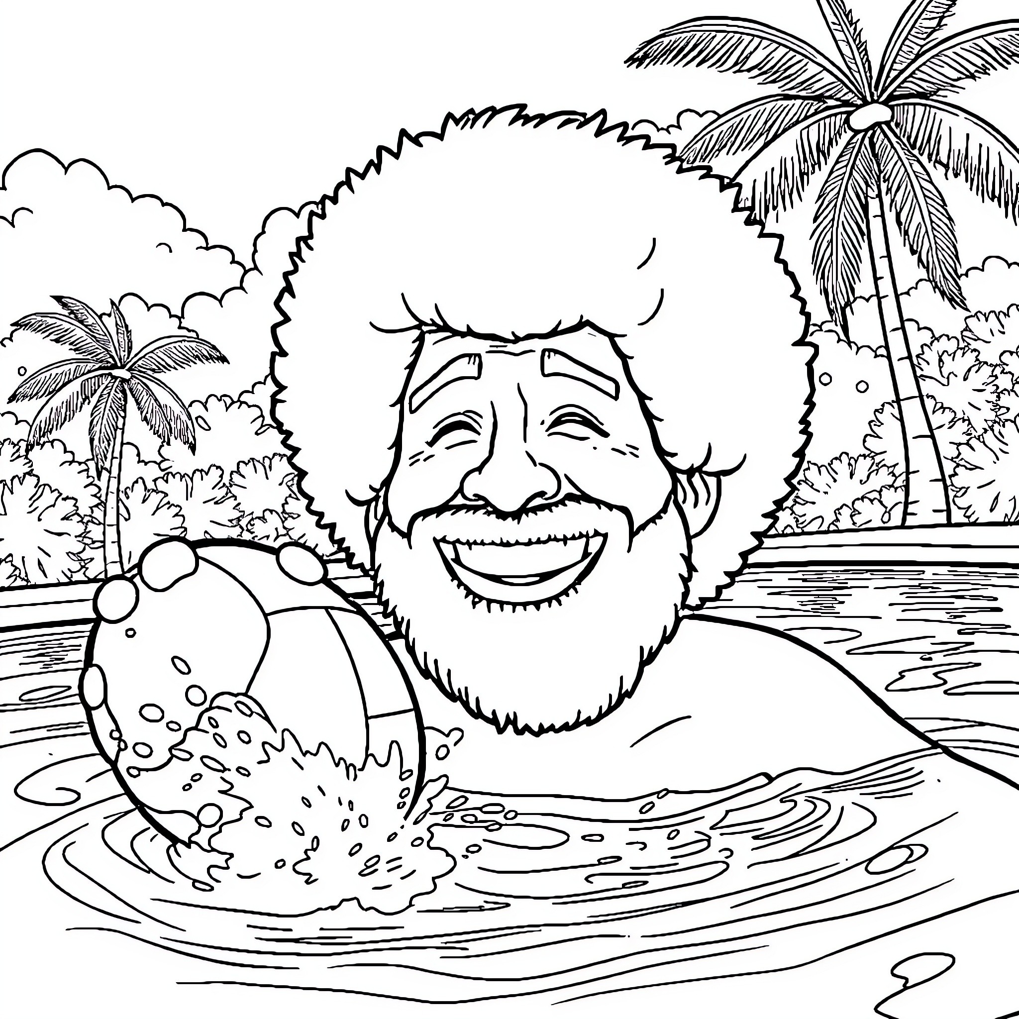 Bob Ross relaxing in tropical waters Coloring Page (free black-and-white line drawing printable PDF for all, from beginners to advanced learners, including children, teens, adults, and seniors)