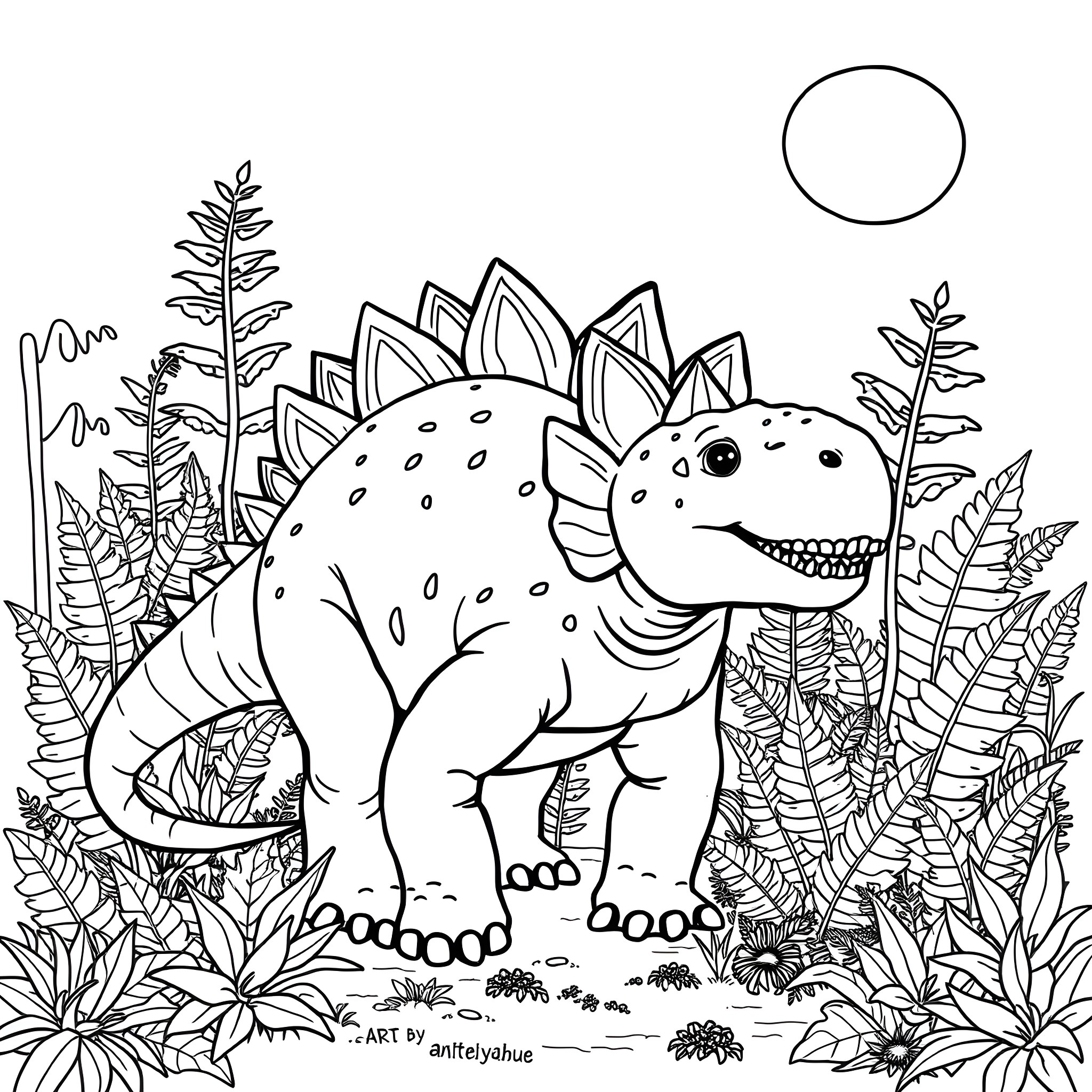 Ankylosaurus exploring a lush prehistoric landscape Coloring Page (free black-and-white line drawing printable PDF for all, from beginners to advanced learners, including children, teens, adults, and seniors)
