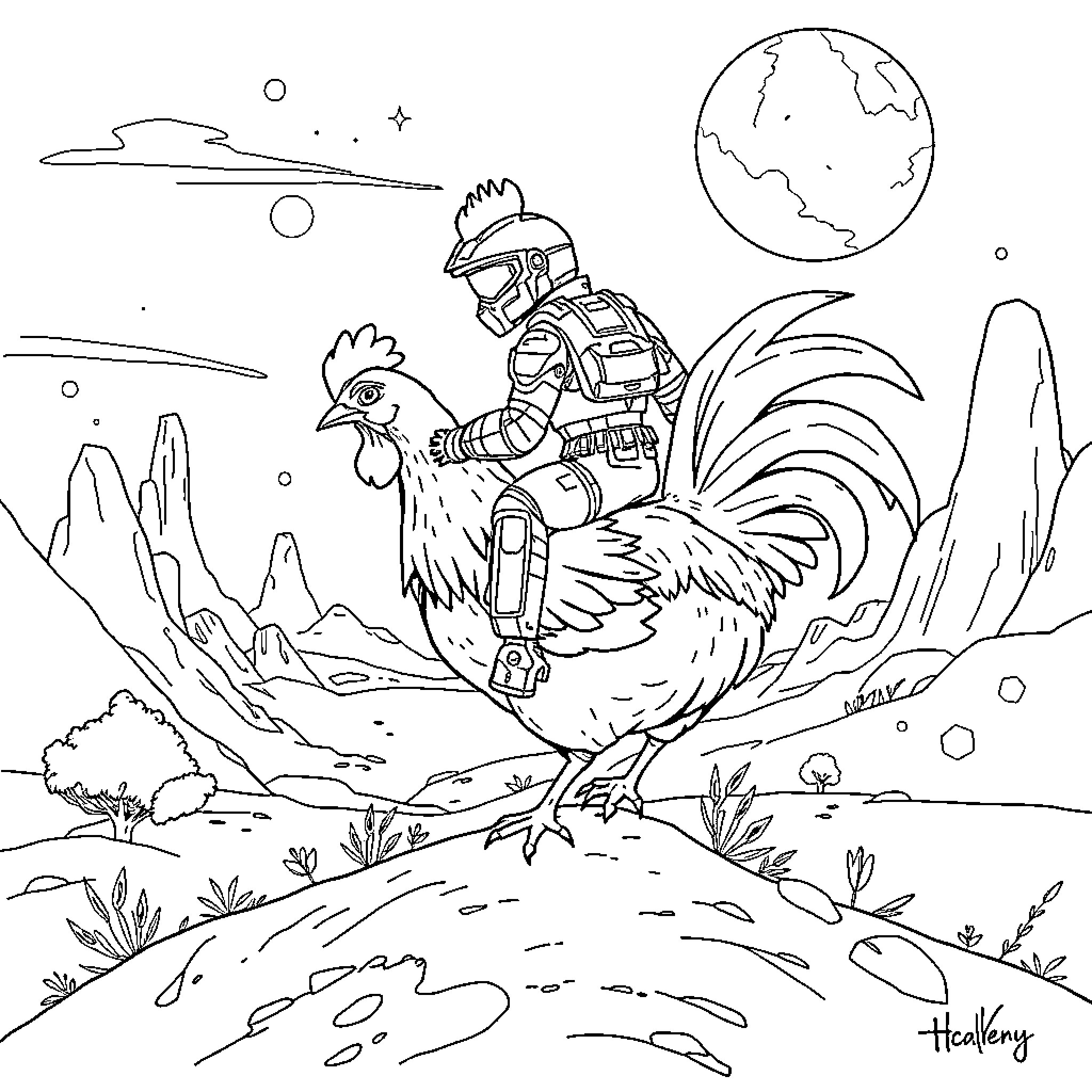 Chicken astronaut exploring an alien landscape Coloring Page (free black-and-white line drawing printable PDF for all, from beginners to advanced learners, including children, teens, adults, and seniors)