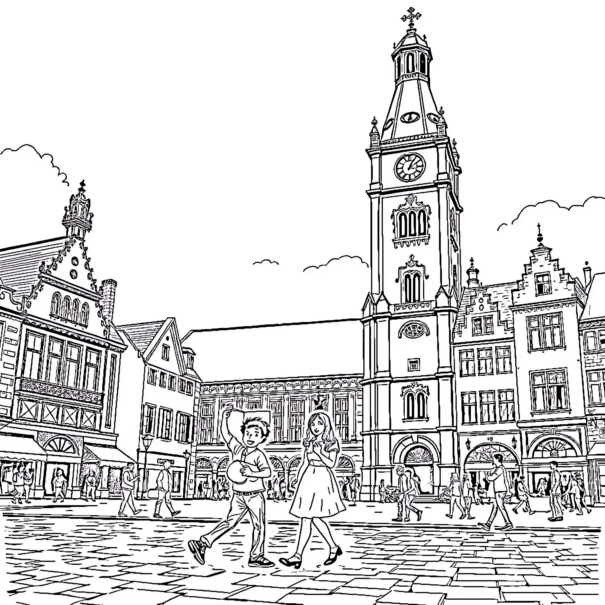 Bird's-eye view of a historic town square Coloring Page (free black-and-white line drawing printable PDF for all, from beginners to advanced learners, including children, teens, adults, and seniors)