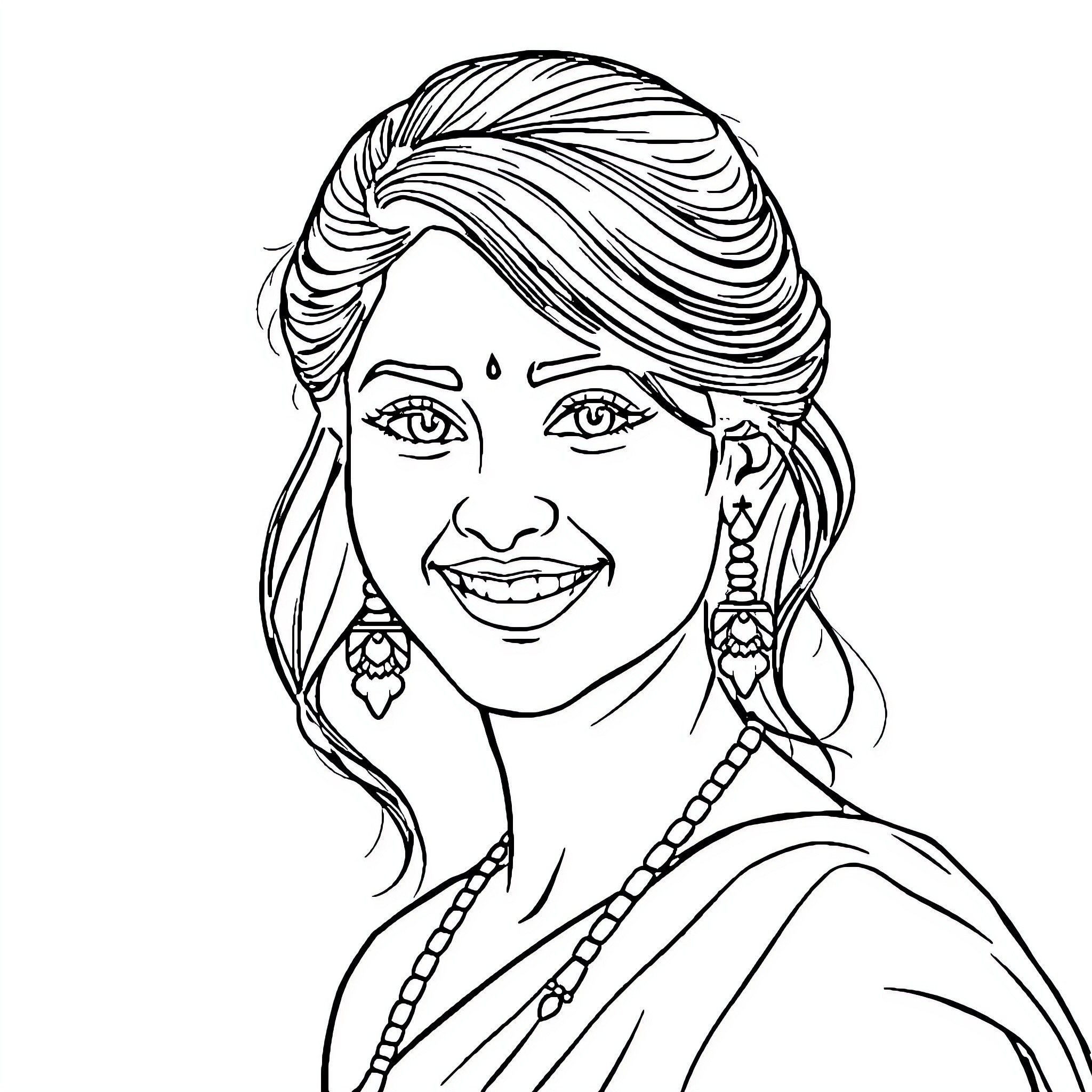 Vedhika's Radiant Smile and Ornate Attire Coloring Page (free black-and-white line drawing printable PDF for all, from beginners to advanced learners, including children, teens, adults, and seniors)