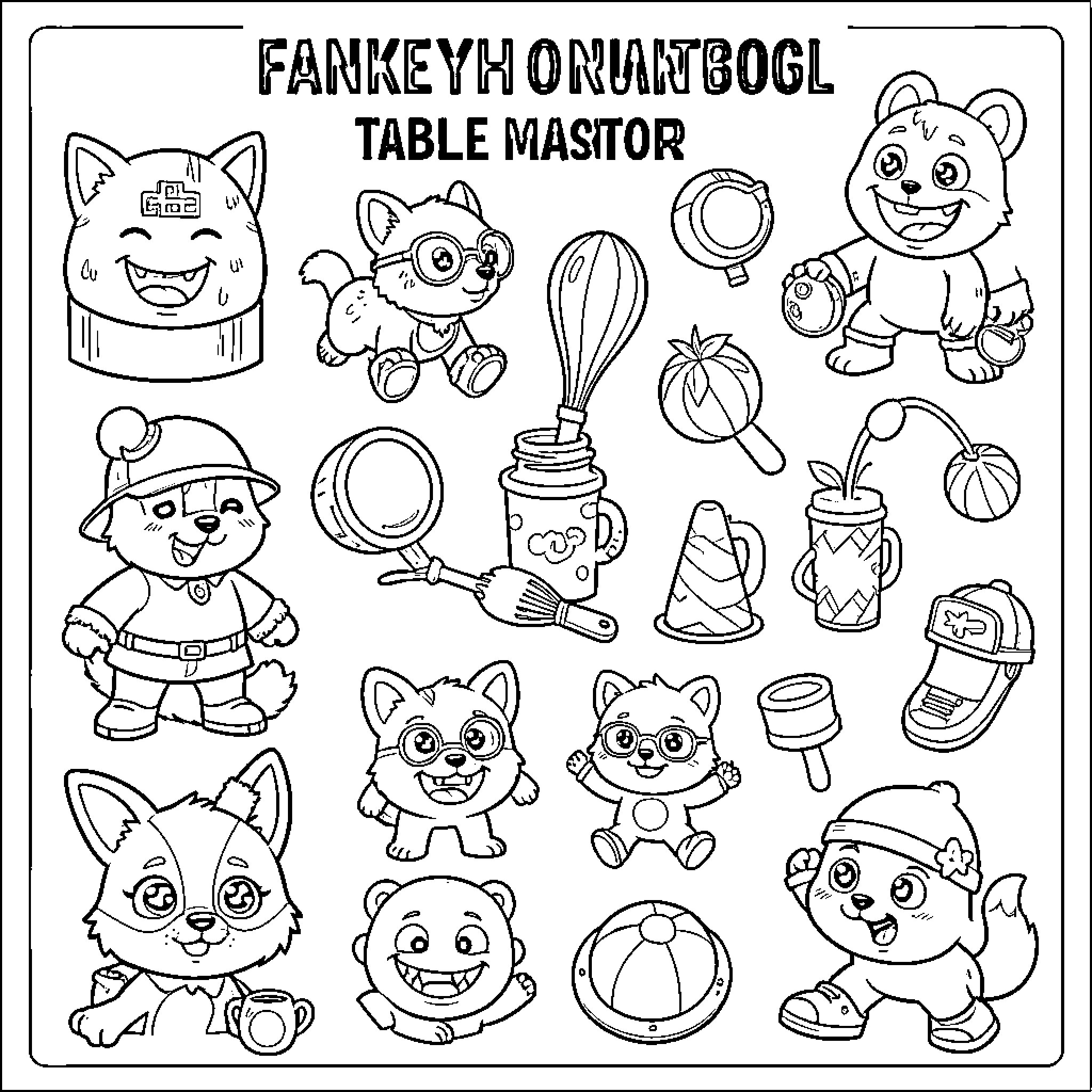 Table Mascot characters performing various cute actions and poses Coloring Page (free black-and-white line drawing printable PDF for all, from beginners to advanced learners, including children, teens, adults, and seniors)