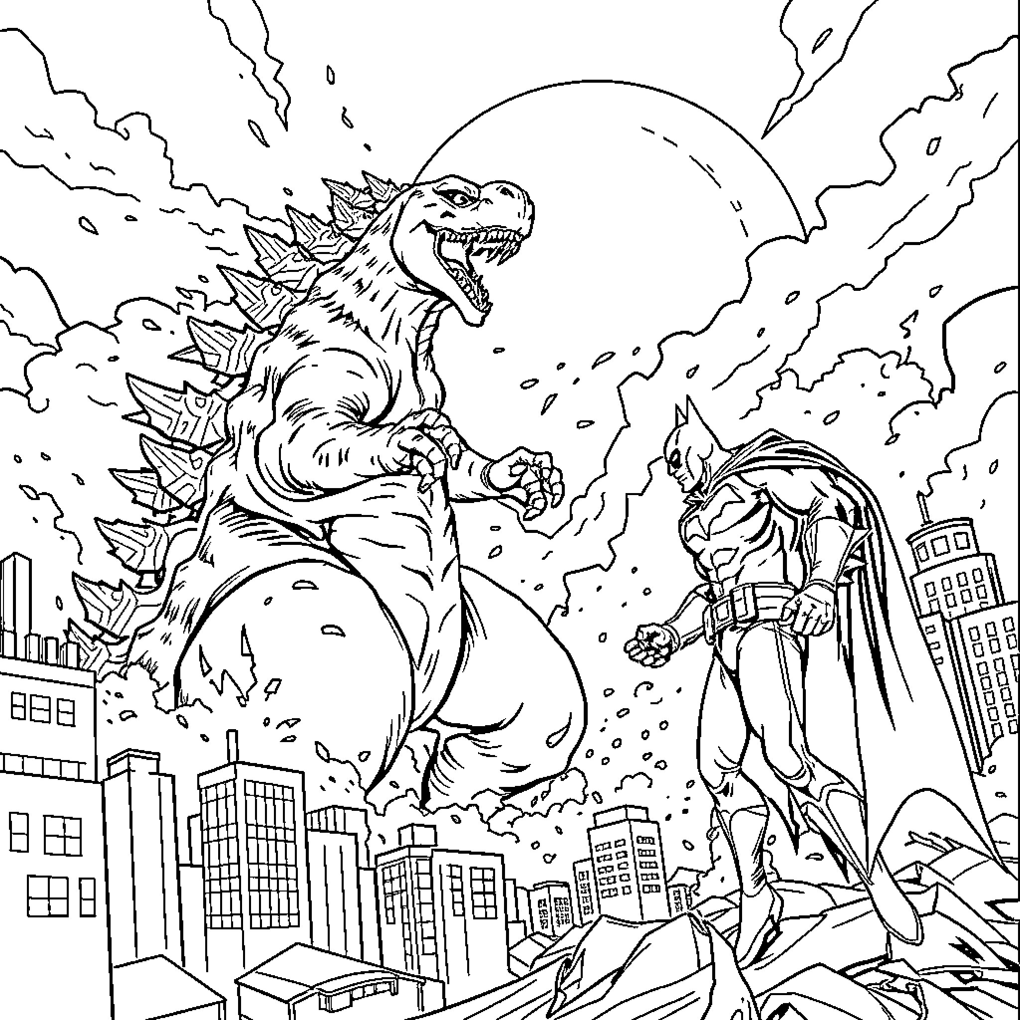 Godzilla rampaging through the city as a hero battles Coloring Page (free black-and-white line drawing printable PDF for all, from beginners to advanced learners, including children, teens, adults, and seniors)
